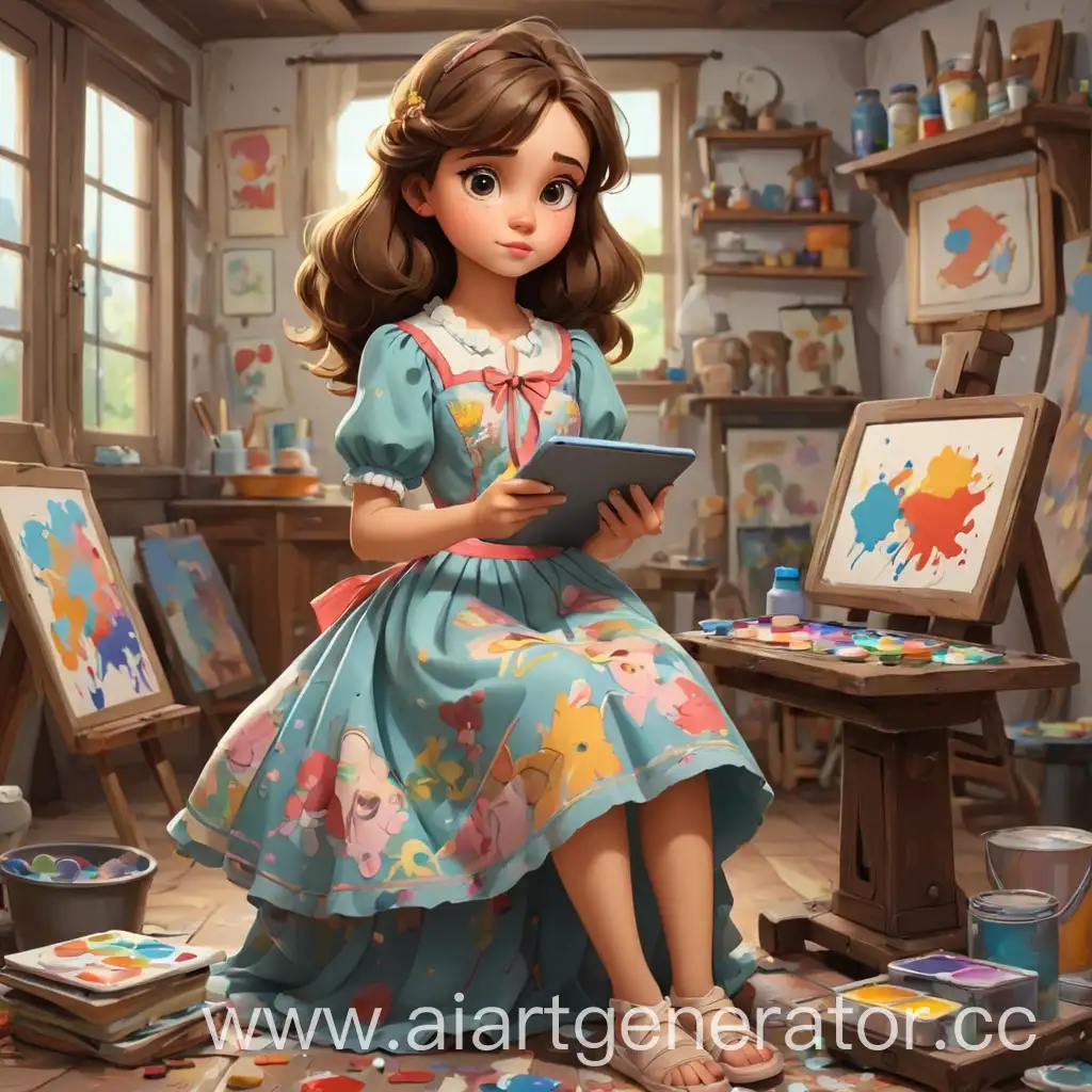 Artistic-Girl-in-Cartoon-Style-with-Painting-Tools-and-Tablet