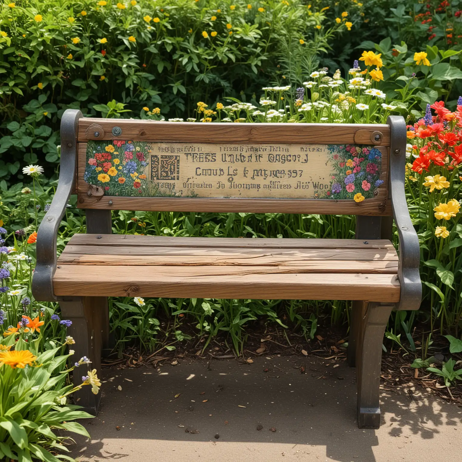 A rustic wooden park bench situated in a picturesque garden filled with colorful flowers and lush greenery. The bench features a small metal plate securely screwed onto its backrest. The metal plate prominently displays an engraved QR code. Next to the plate, 'James Johns' is meticulously engraved into the wooden backrest. The scene is serene, with sunlight filtering through the trees, casting gentle shadows across the bench and garden.
