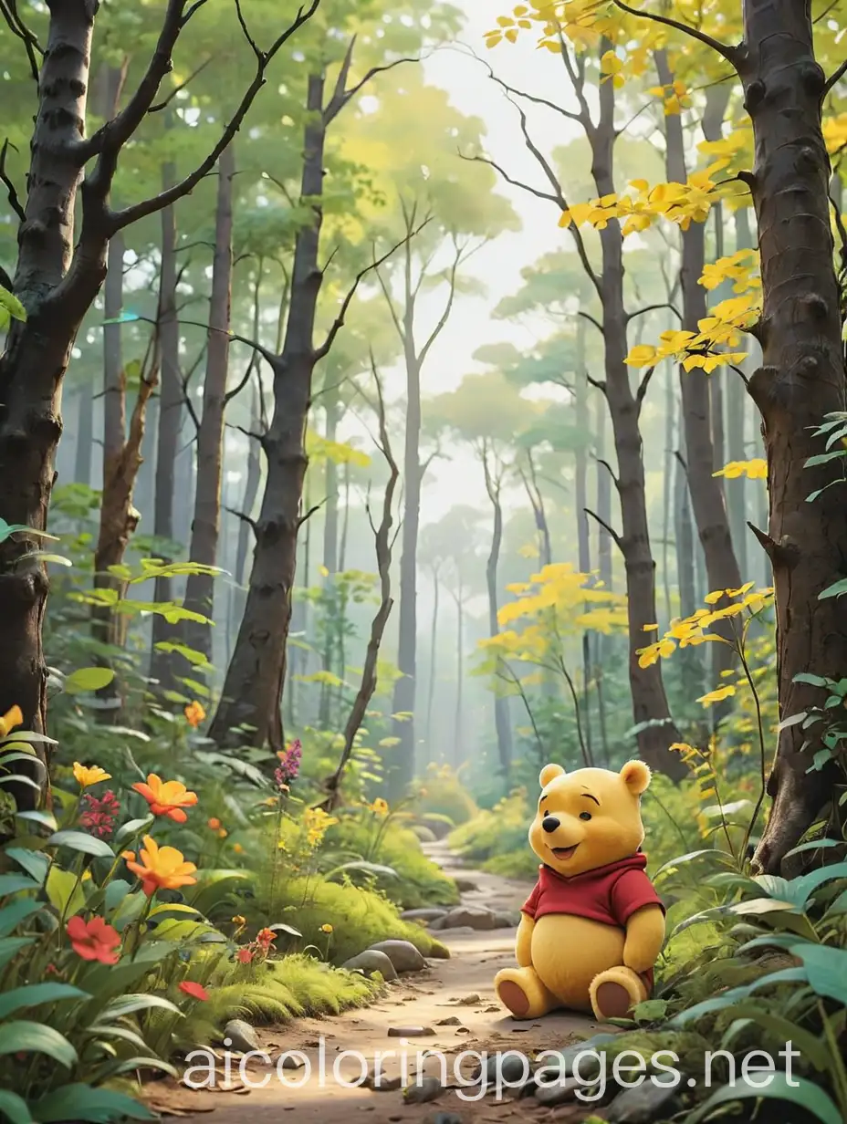 colorful pooh bear forest scene, Coloring Page, black and white, line art, white background, Simplicity, Ample White Space
