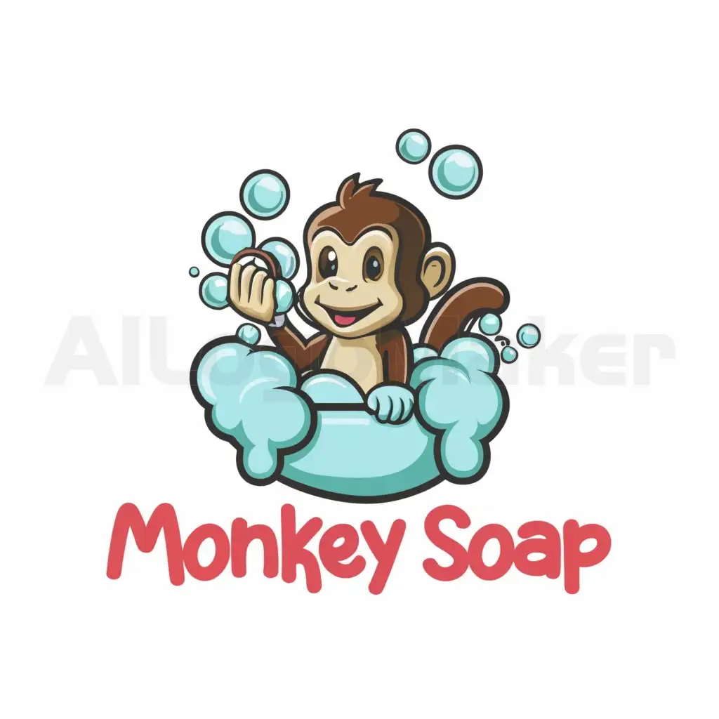 a logo design,with the text "Monkey soap", main symbol:A cute monkey in a bubble bath holding up a bar of soap,complex,clear background