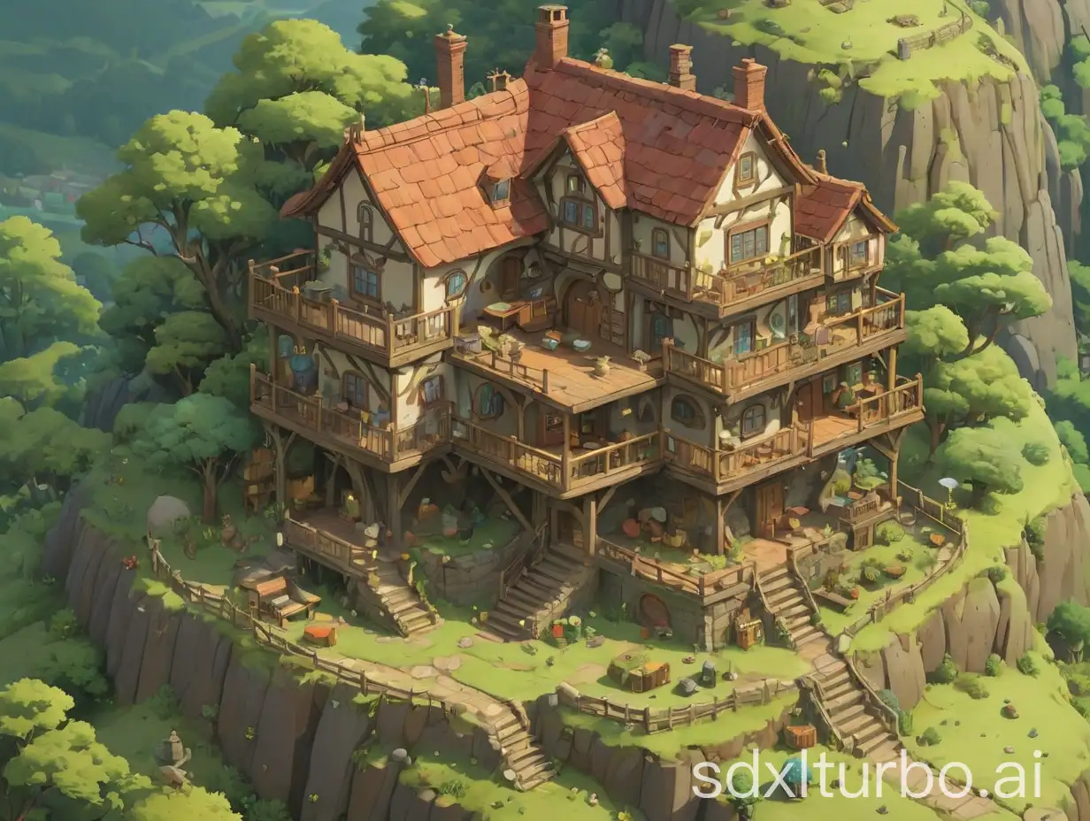 isometric house on a hill, game art, cross section, style of studio ghibli
