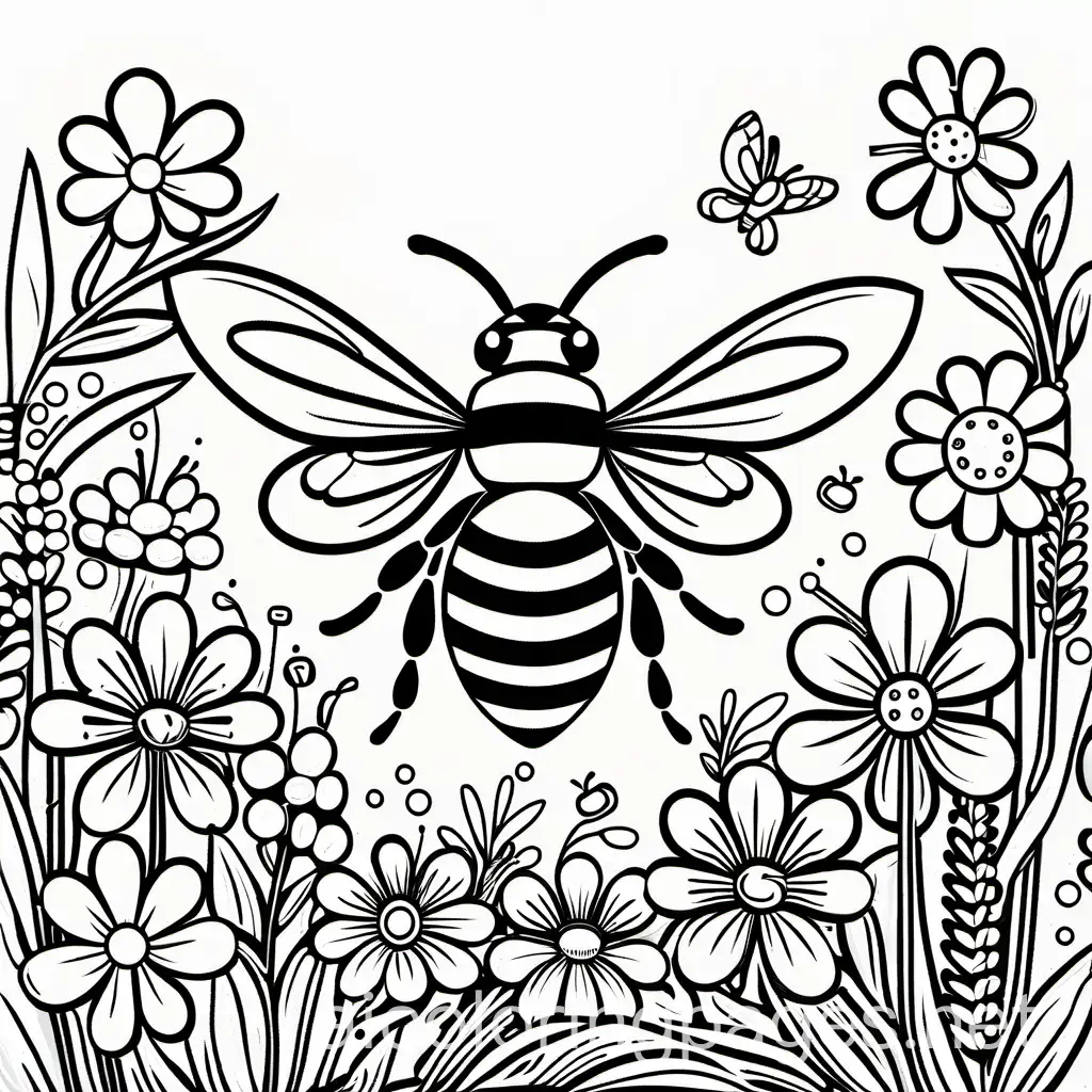 A happy bumblebee buzzing around colorful flowers in a meadow., Coloring Page, black and white, line art, white background, Simplicity, Ample White Space. The background of the coloring page is plain white to make it easy for young children to color within the lines. The outlines of all the subjects are easy to distinguish, making it simple for kids to color without too much difficulty