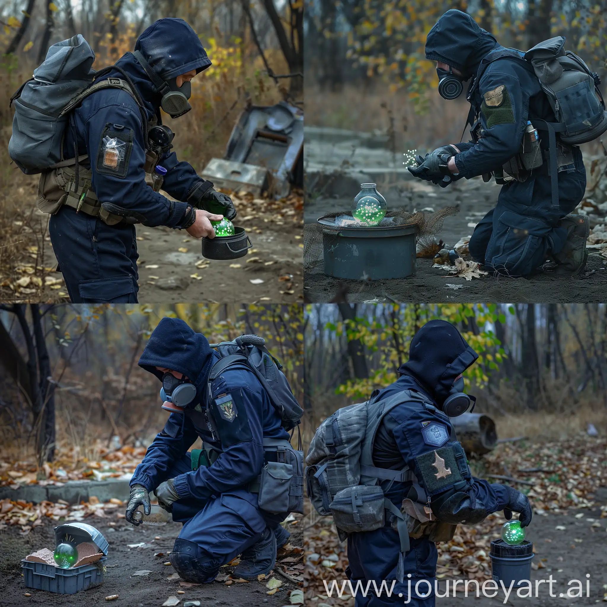 The mercenary from the stalker game, the mercenary is dressed in a dark blue jumpsuit, gray military unloading, a small military backpack, a respirator mask, a hood, the mercenary collects the small artifact in the small container, the artifact looks like a green ball with bubbles inside, the ball glows, the weather is Gloomy autumn, Chernobyl.