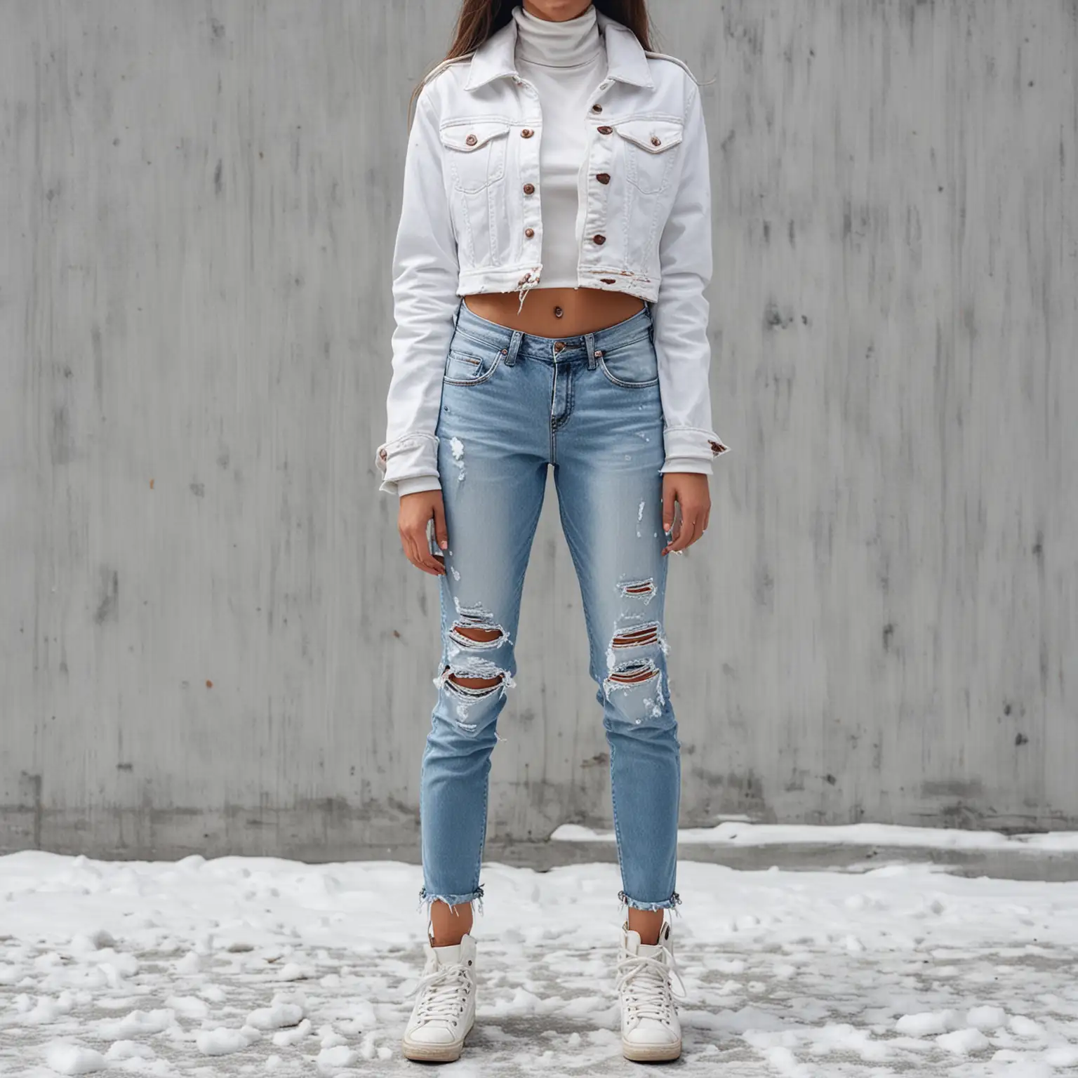women wearing white jacket and denim jeans, with ripping on front of the jeans, snow background