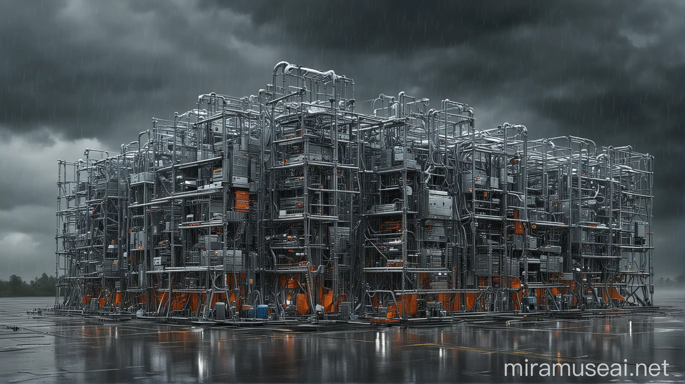 photorealistic picture but showing imaginary large metal structure with smaller computational units representing virtual machines in a hyper-V showing them as computational machines within a vast structure holding them within. Use metal, cool colours and a hint of rain and outdoor cloudy weather. Make the structure huge to give a sense of massive scale. 
