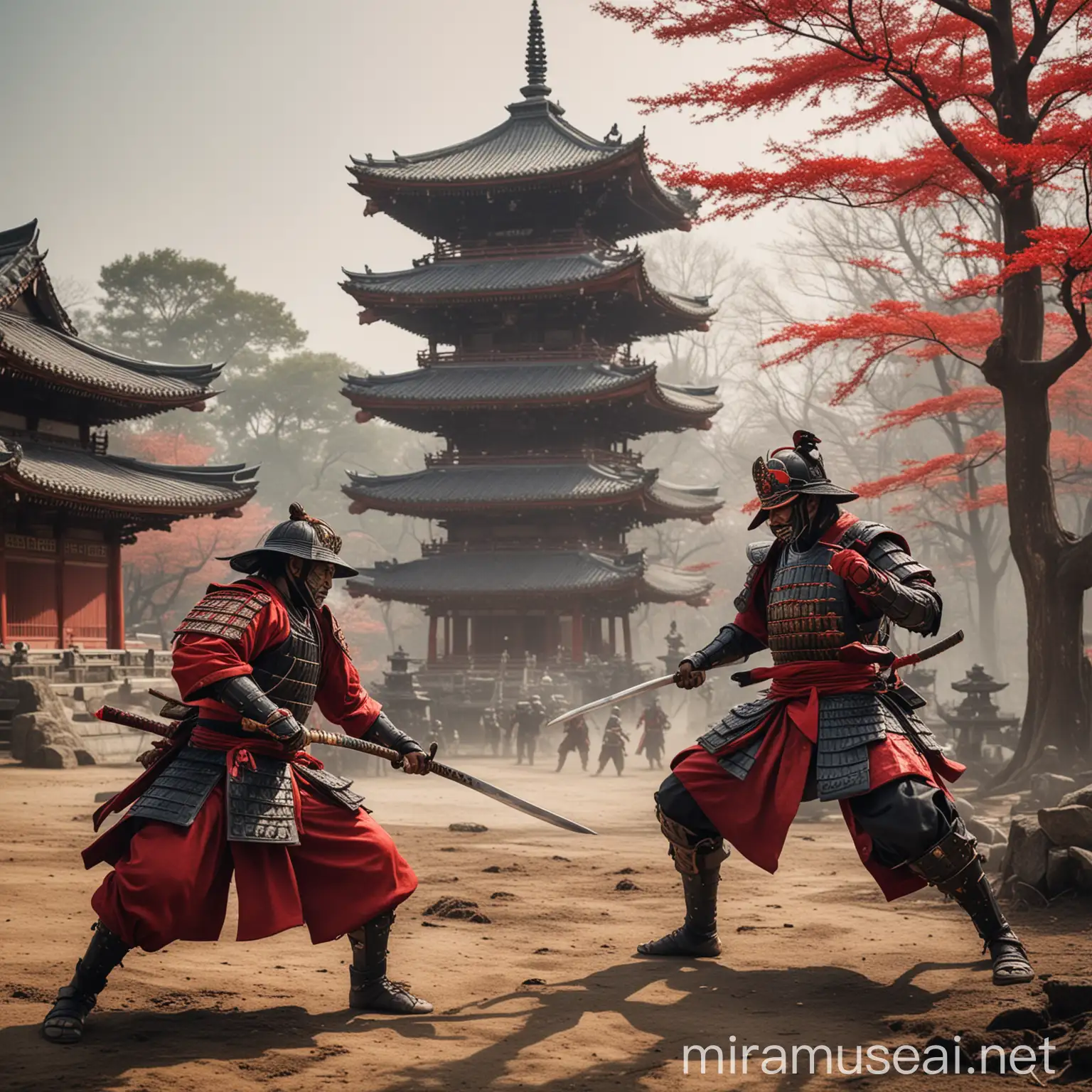 two samurai are fighting, one is wearing red armor, the other is wearing black armor, there is a pagoda in the background