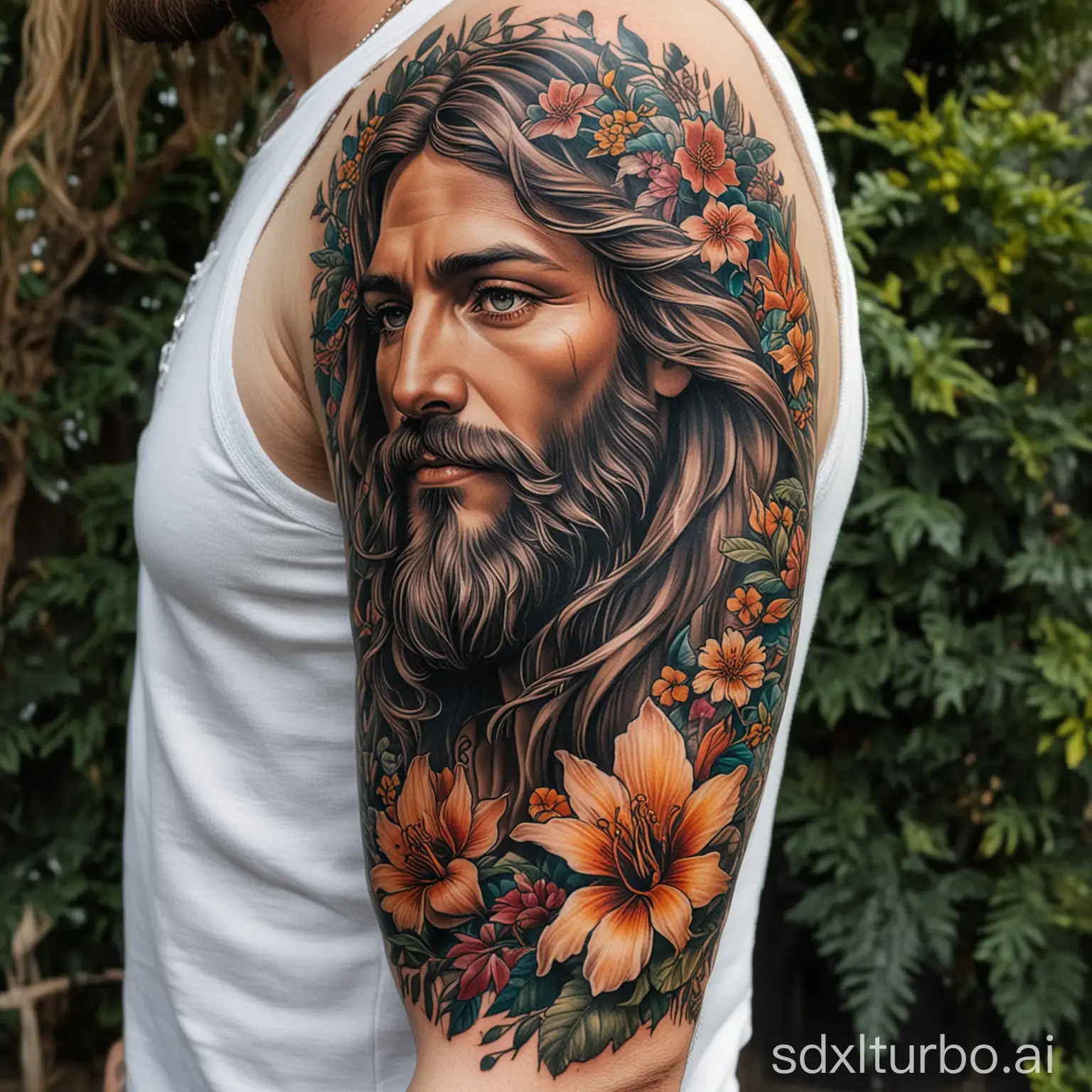 Envision a captivating full-arm tattoo featuring a majestic portrayal of Jesus with flowing hair and a beard, set amidst a lush landscape of intricate flowers, birds, and symbolic animals. The design seamlessly blends traditional tattoo techniques with modern aesthetics, using bold colors and shading to create a visually dynamic and spiritually evocative composition.