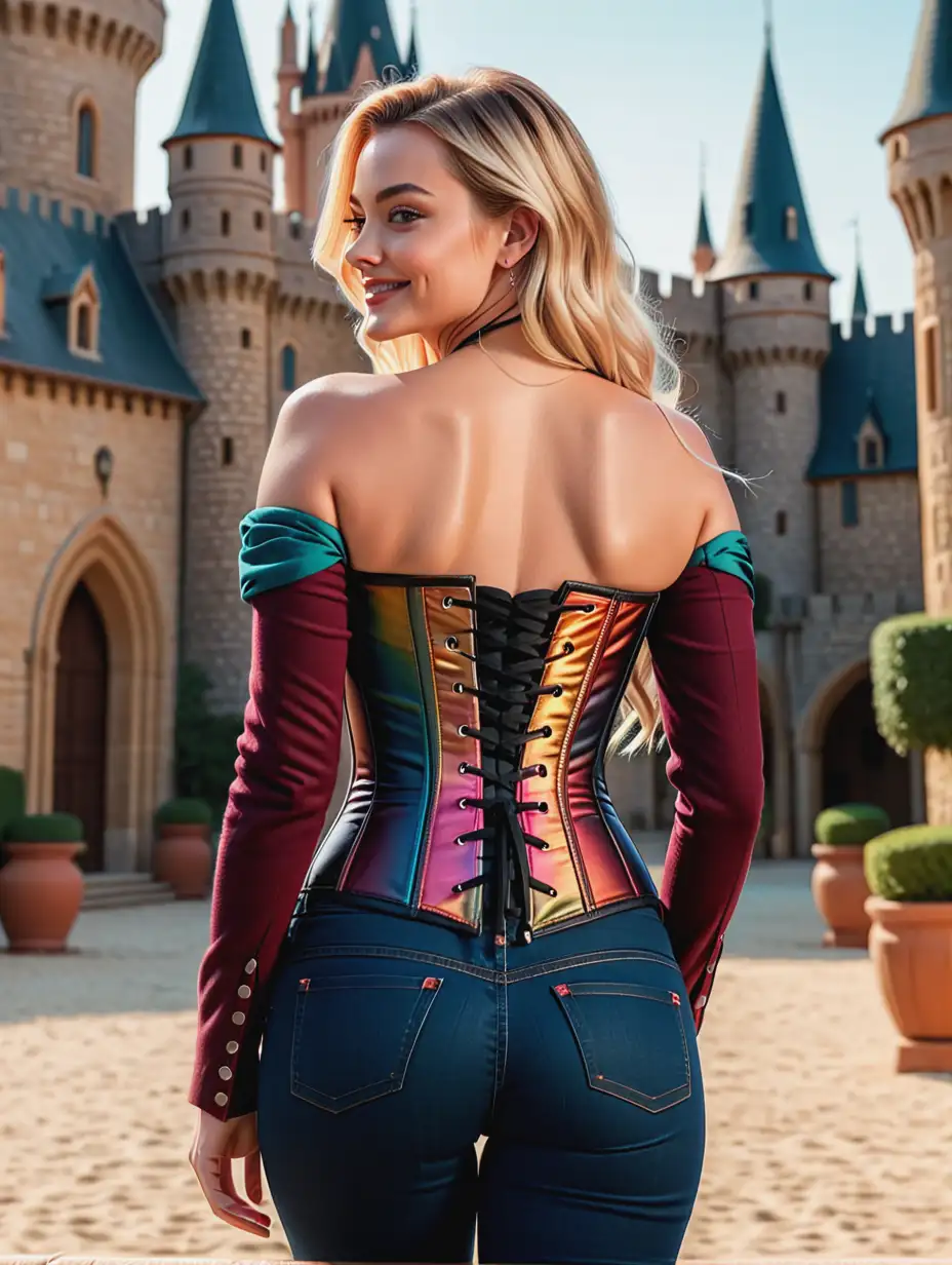 ((rear view perspective)), create a realistic 3d image of 20 year old smiling [Margot Robbie|Paige Spiranac] with long multicolored hair, she is wearing fitted dark blue Levi's jeans and a ((multicolored corset)),the gap,  maroon blazer, her hands are on her waist, she is in a castle,((perfect female body, narrow waist, wide hips)), 8k uhd, dslr, soft lighting, high quality, film grain, Fujifilm XT3, Ultra-detail, Real, Photorealistic, High-definition face drawing, RAW photo