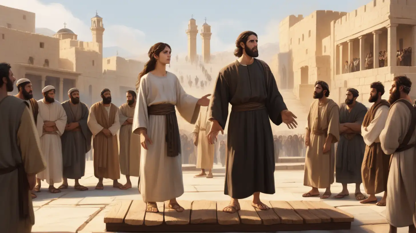Anxious Hebrew Servant Stands on Wooden Platform in Biblical City Square