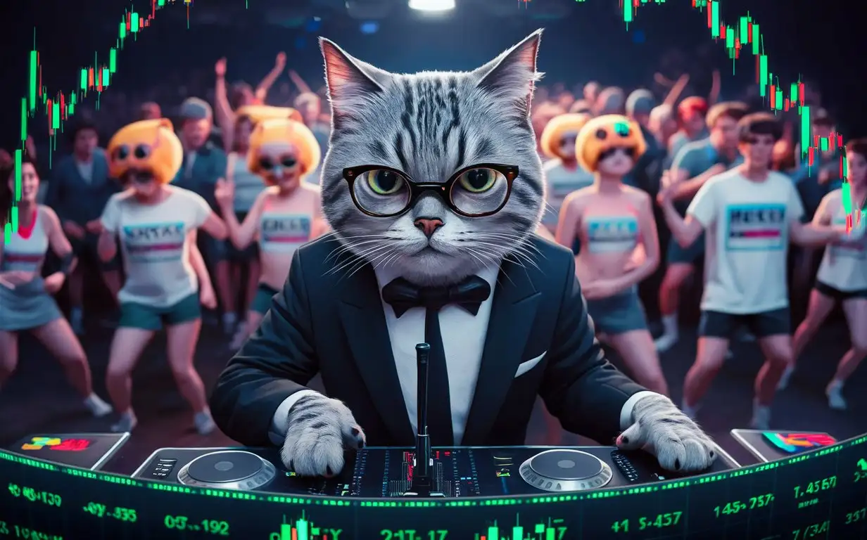 серый полосатый кот диджей в очках с темными стеклами и черном костюме смотрит на график торгов биржи и сидит за пультом с микрофоном и рядом танцуют в стиле мема