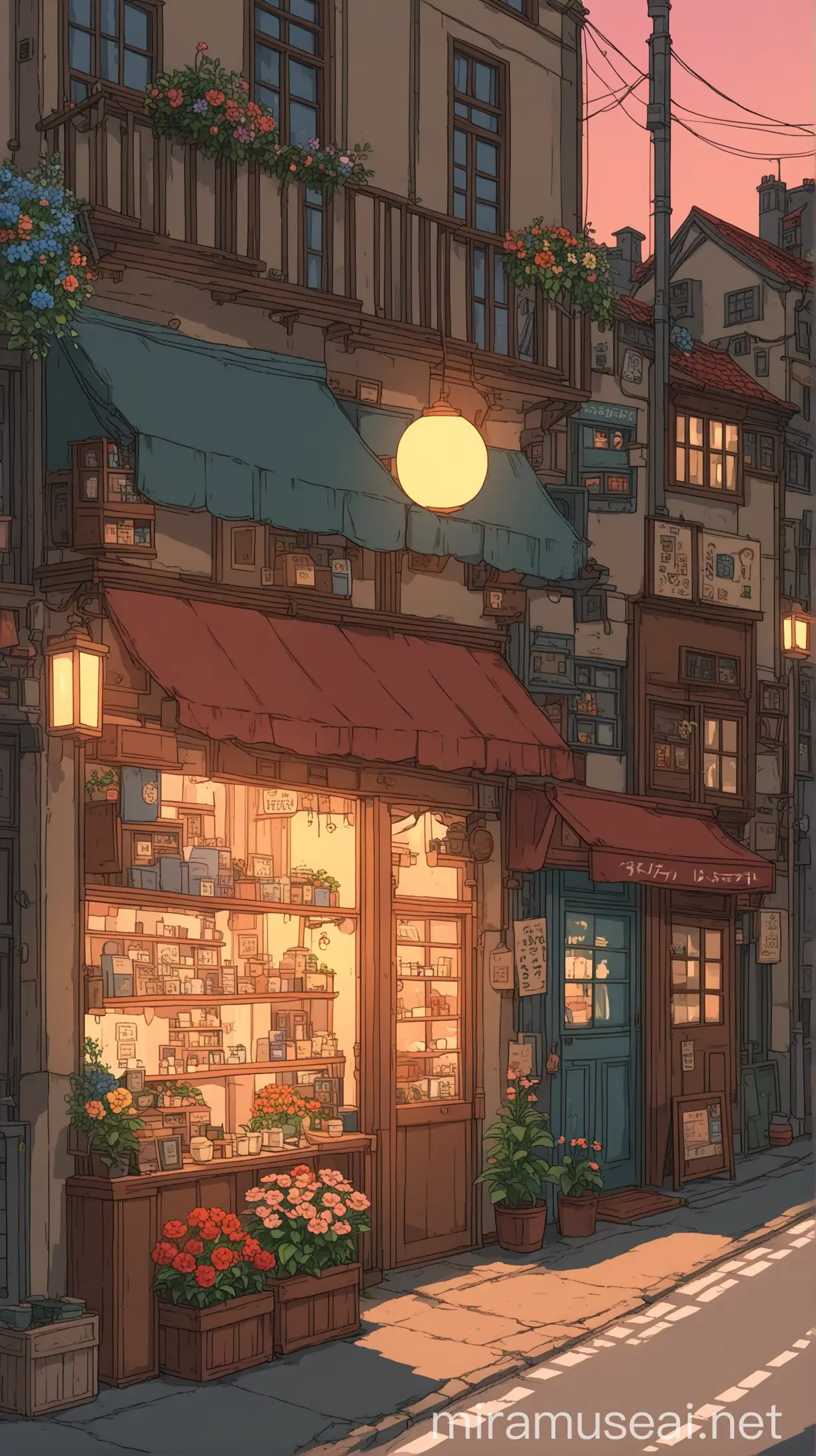 Cozy Evening in Anime Style GhibliInspired Street with Flower Shop