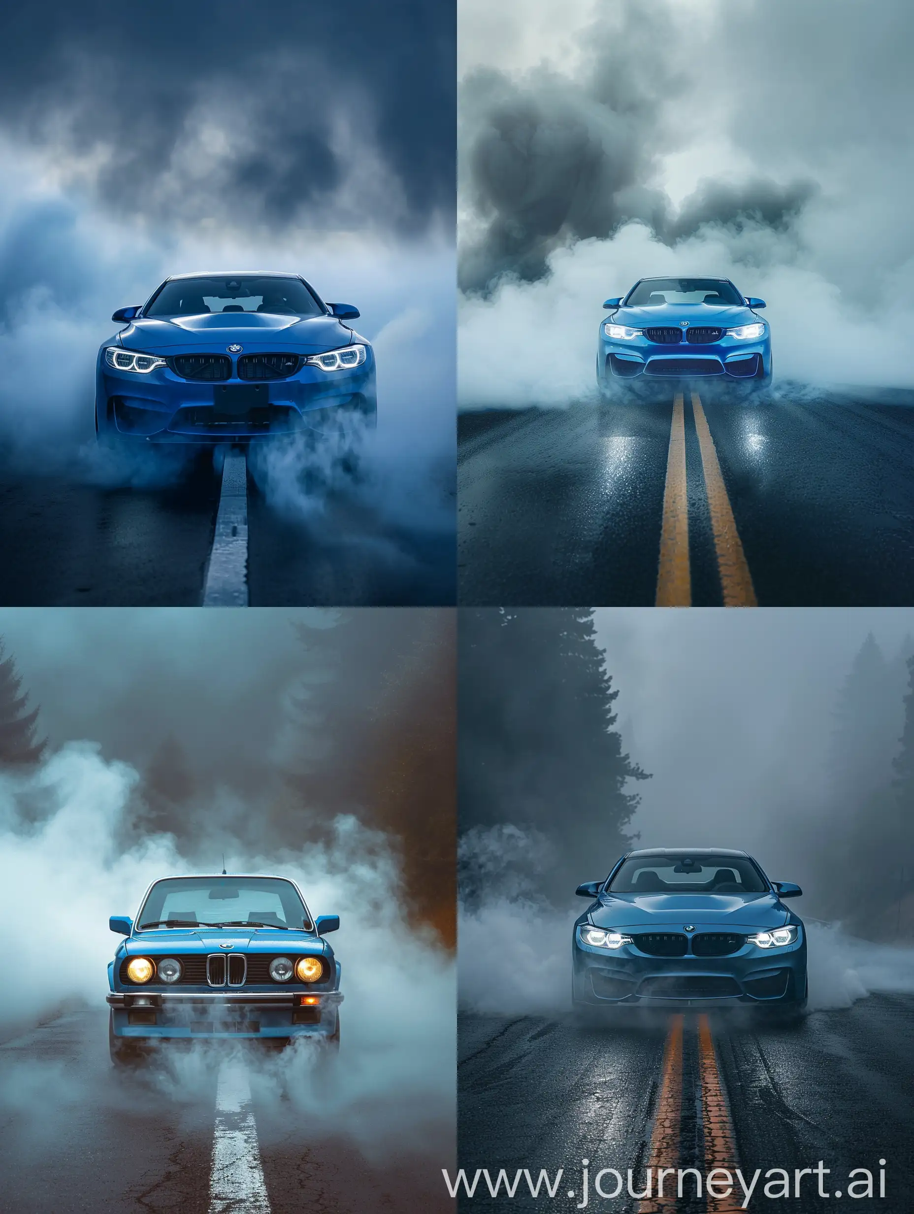На изображении показан синий автомобиль BMW, стоящий на дороге, окруженной дымом. На переднем плане автомобиля видны фары и решетка радиатора