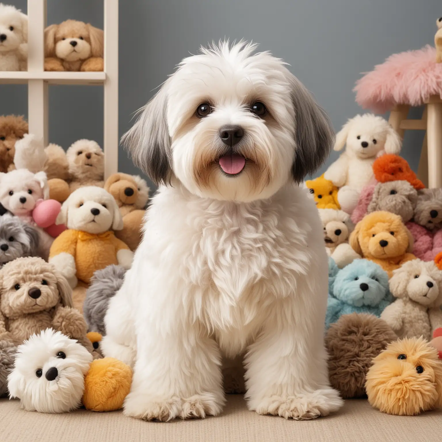 image of a beautifully groomed Havanese sitting amongst some stuffed toys in a playroom, use the same background, make the picture more colorful like the one above