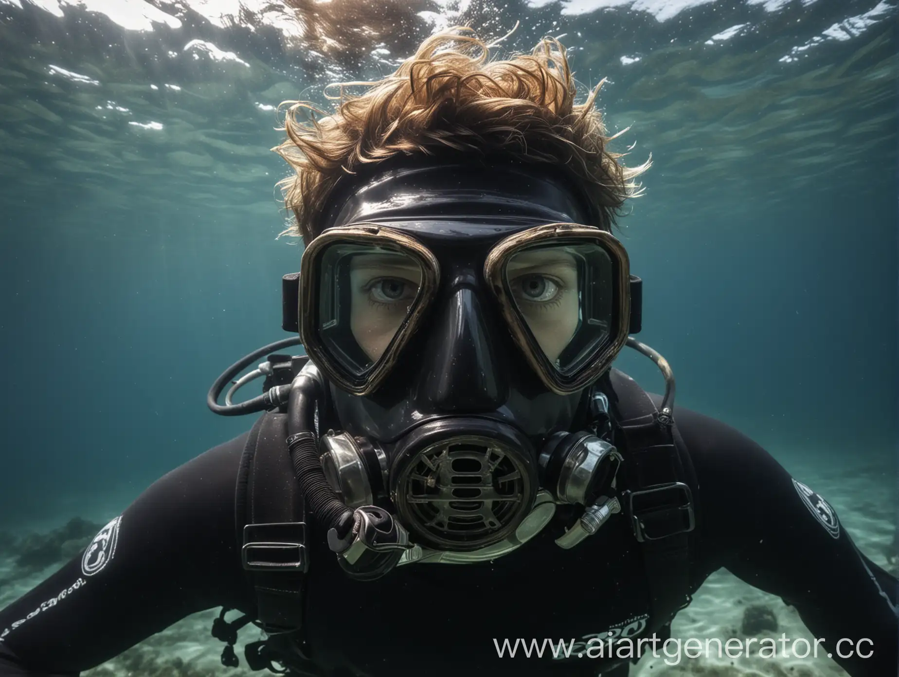 Портрет дайвера в маске, в море под водой, внешность похожа на человека на фото, вид более серьезной и дайвер должен стоять так же как человек на фото