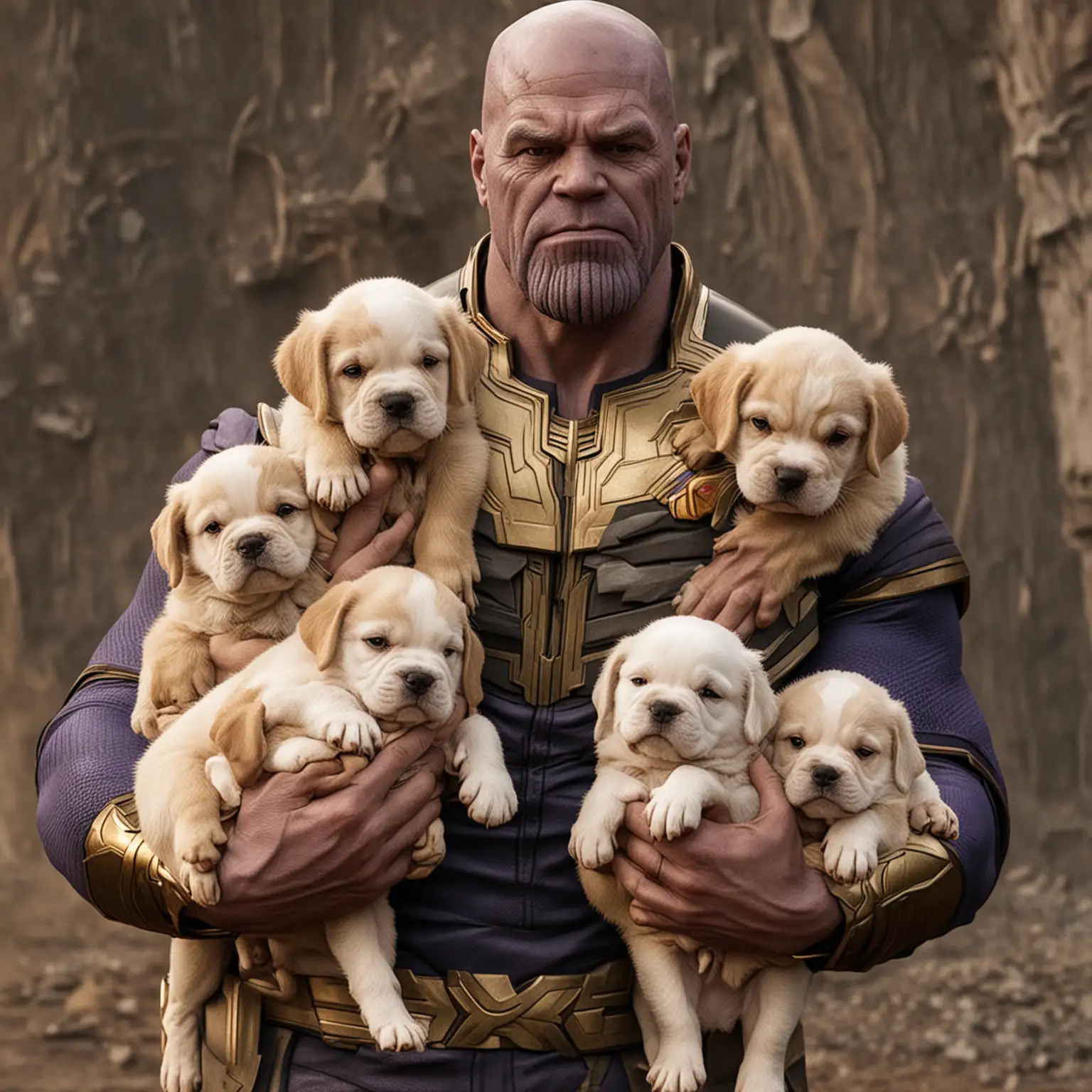 Thanos holding eight 
puppies


