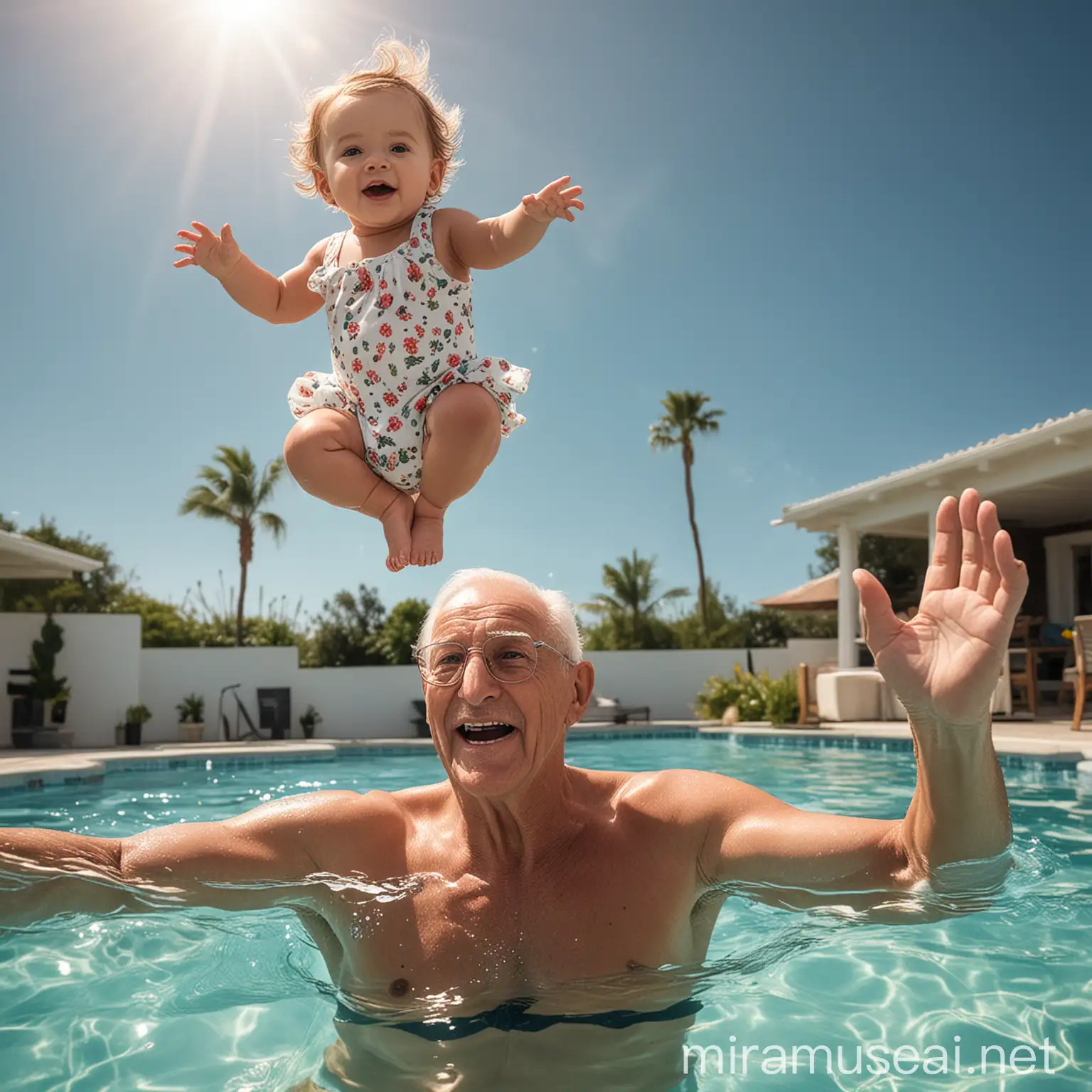create a realistic image of a grandfather in a swimming pool holding his infant grand daughter in the air with two hands