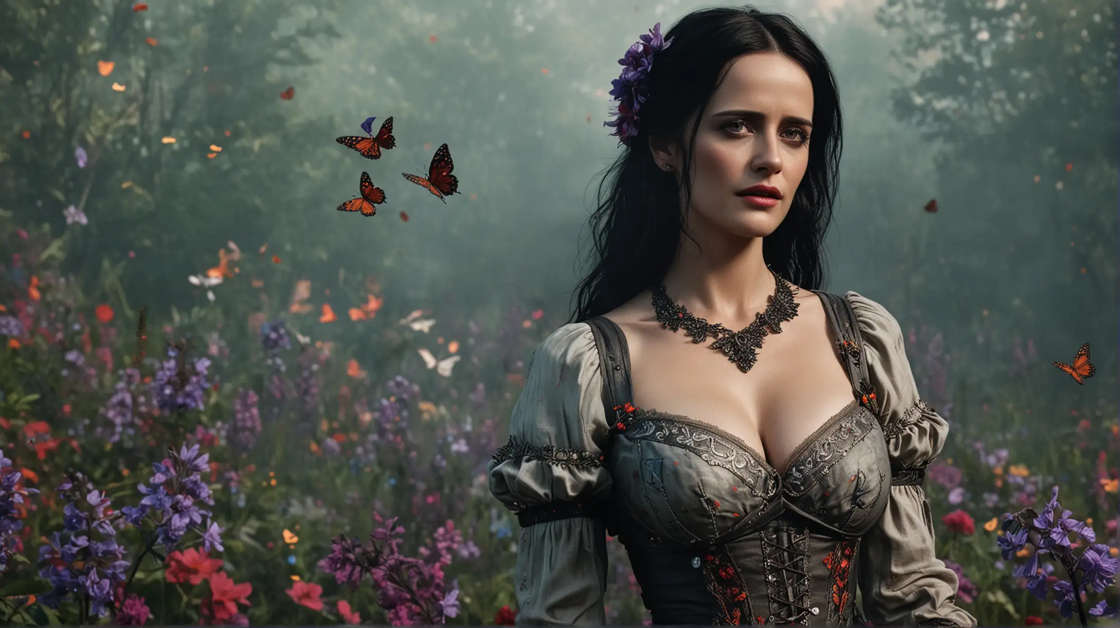 Eva Green The Witcher game, sexy clothes, big boobs, surrounded by gorgeous colorful flowers, butterflies, magic, fire, fog