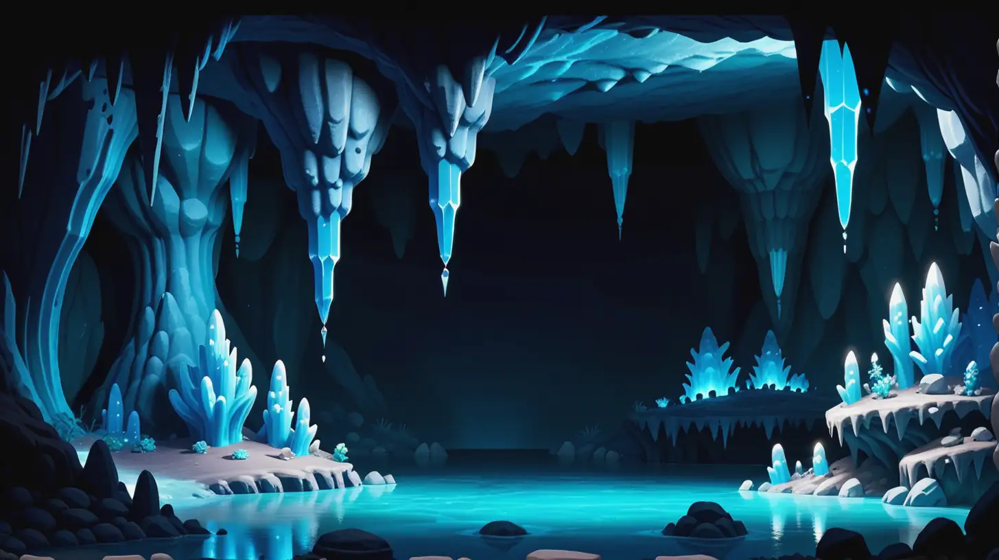 blue, long, background for a game, game menu, featuring a cave with stalactites and stalagmites at the top and bottom lighting long,