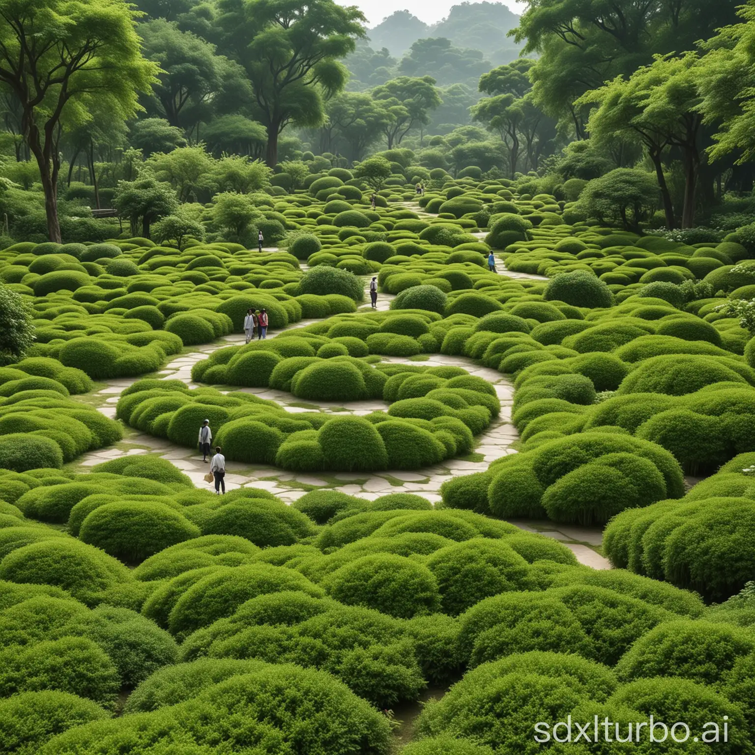 Photos of people walking through the green garden, in Chen Zhen style, surreal 3d landscape, Li Tiefu, pointed mounds, charming landscape, Taiji ,spherical shape, high-definition out of the picture