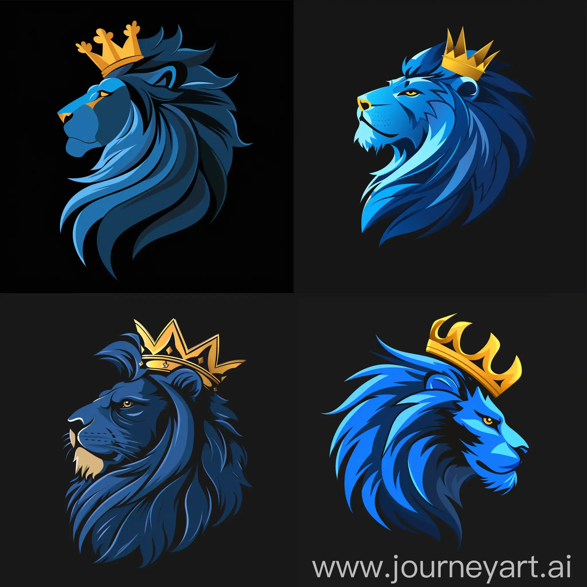 The logo depicts a blue lion with a gold crown. Background: black. View: from the side