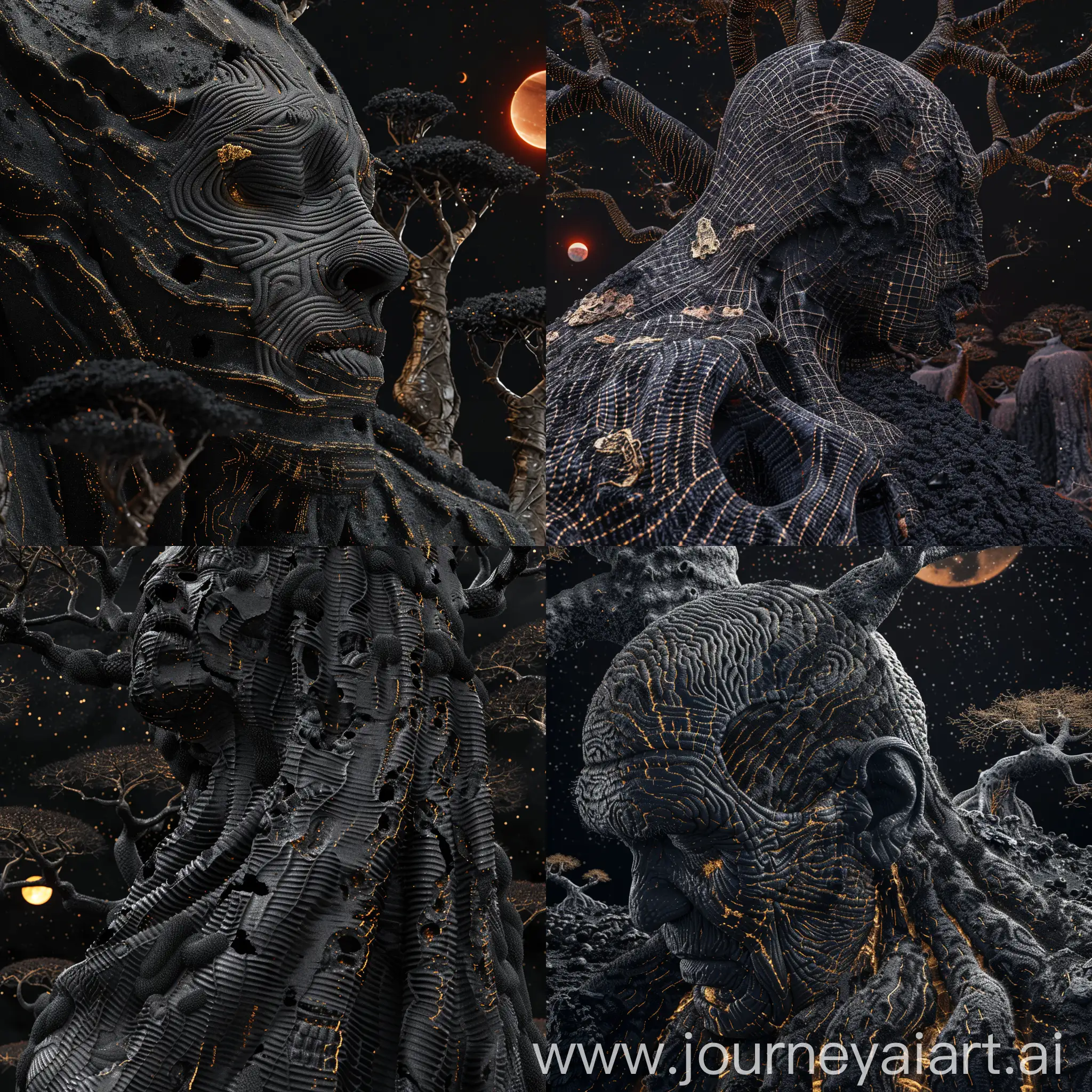 lonely soul of a close-up giant in a toga of suffering made of membranes of furrows and carbon-kevlar, night black sky, necrogriffin rocks in black-coal sands, huge baobab trees, open space, crimson moon, palette black black coal black woolen threads, pattern with black coal and gold, Ray Tracing Global Illumination, Optics, Scattering, Glow, insanely detailed and intricate,superdetailed,Hyper detailed