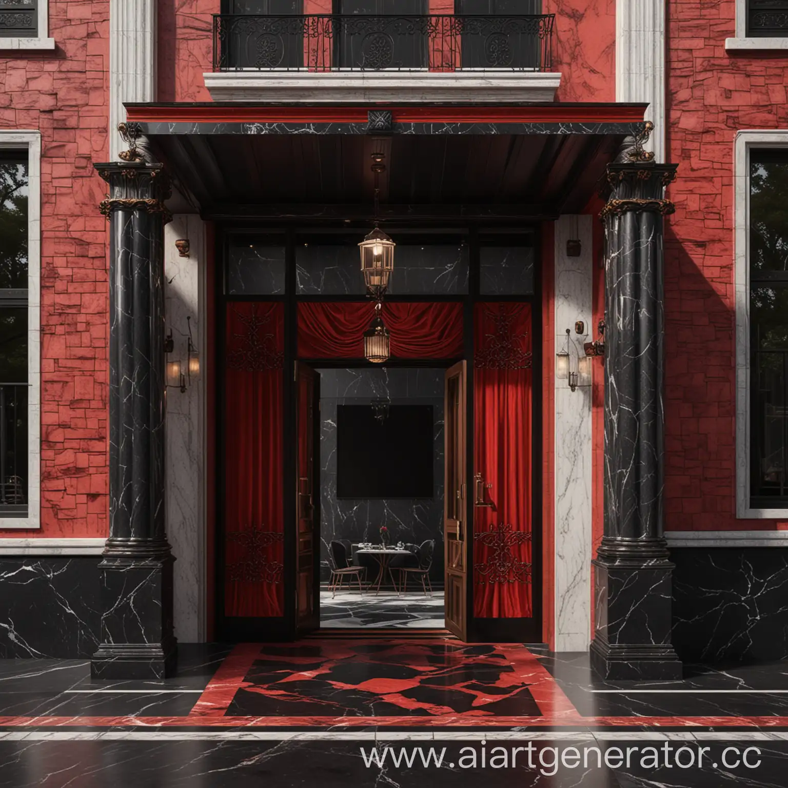 Grand-Entrance-to-Restaurant-Black-Marble-Porch-with-Red-Velvet-Accents