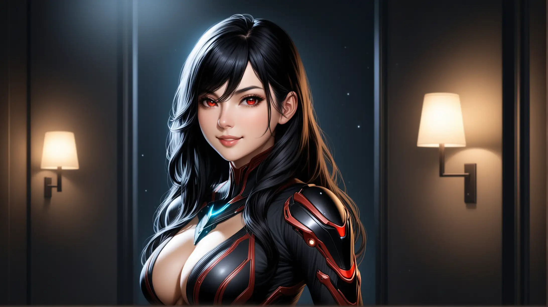 Draw a woman, long wavy black hair, ahoge, red eyes, shapely figure, high quality, realistic, accurate, detailed, long shot, night lighting, indoors, outfit inspired from Warframe, seductive pose, smiling toward the viewer