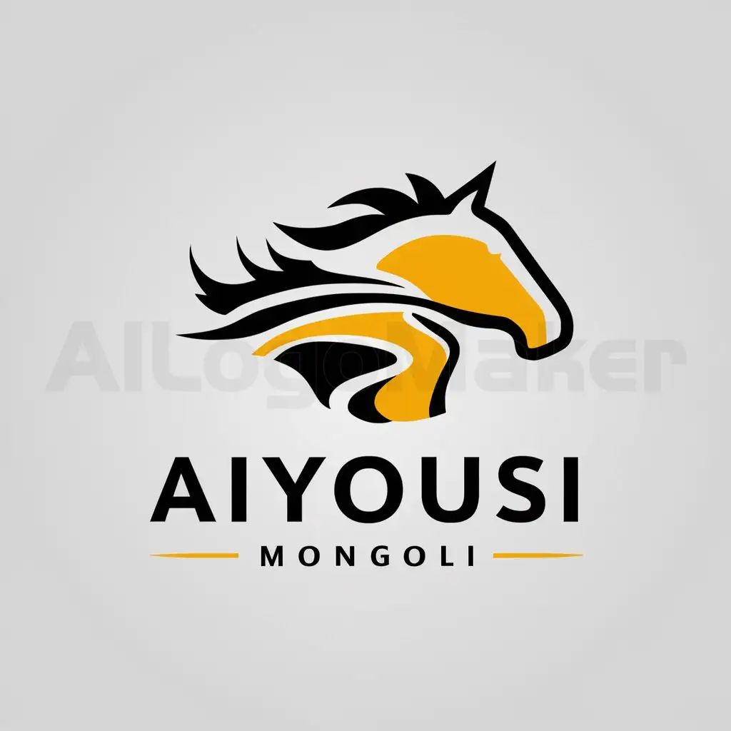 a logo design,with the text "aiyousi mongoli", main symbol:Mongolian horsehead  grassland  Yellow River,Moderate,be used in Travel industry,clear background