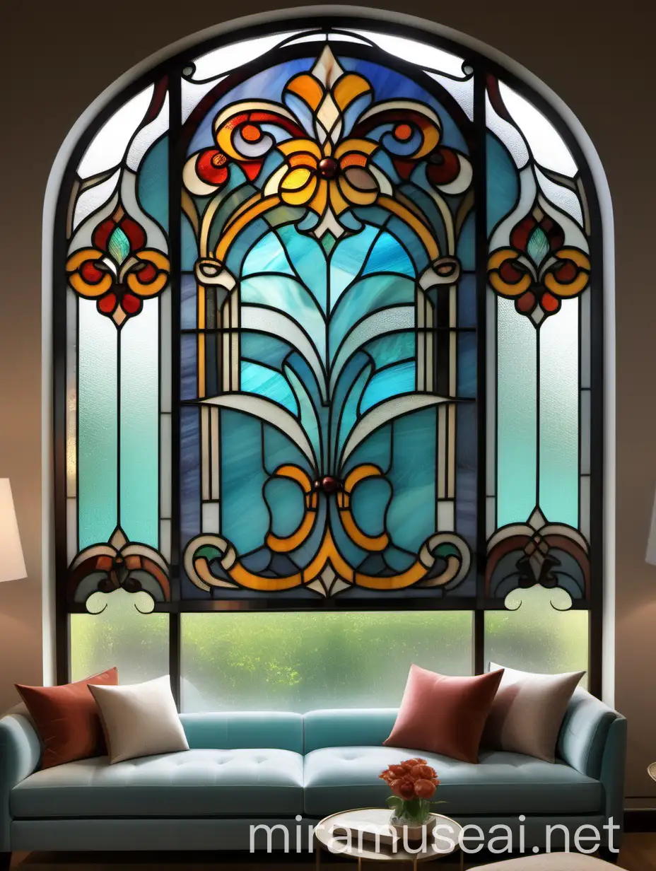 Витраж тиффани в гостиной на окне абстрактный орнамент