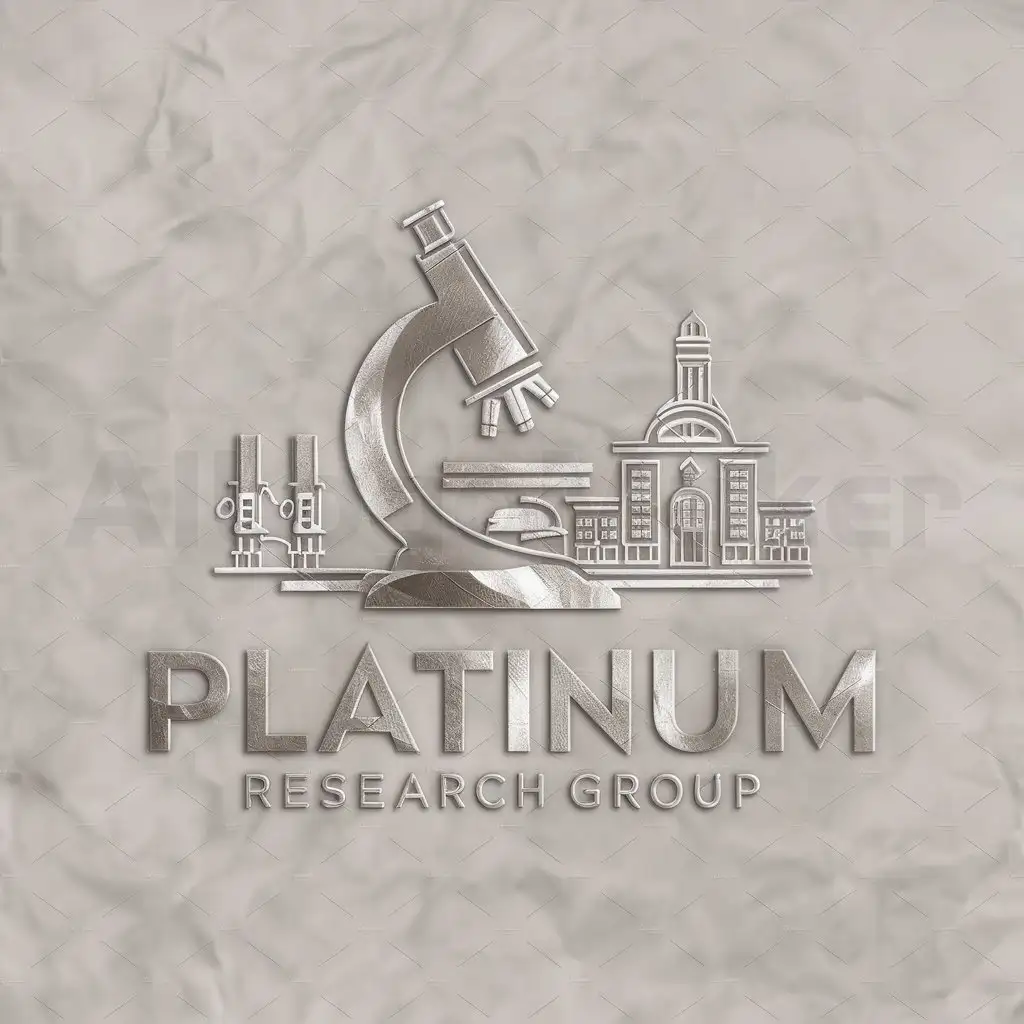 a logo design,with the text "Platinum research group", main symbol:Microscope and laboratory and university blended. In fabric of platinum,Moderate,clear background