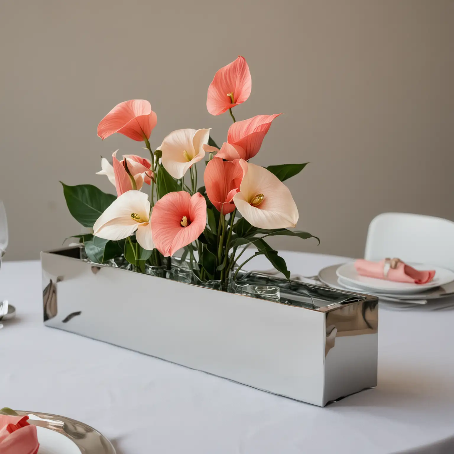 silver modern rectangular vase in a modern and contemporary sleek wedding centerpiece with Anthuriums