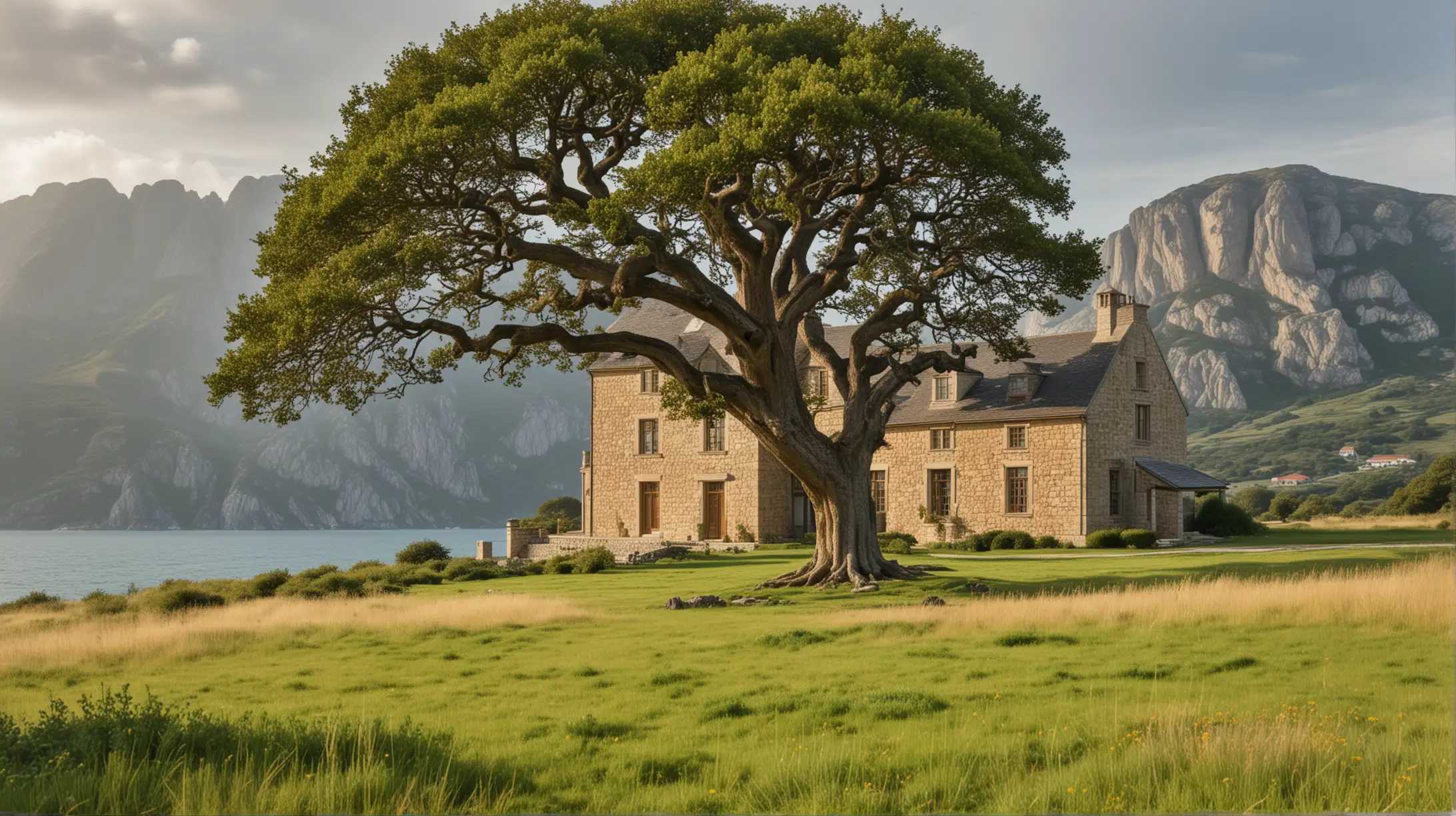 Majestic Stone House Nestled in a Coastal Meadow with Oak Tree