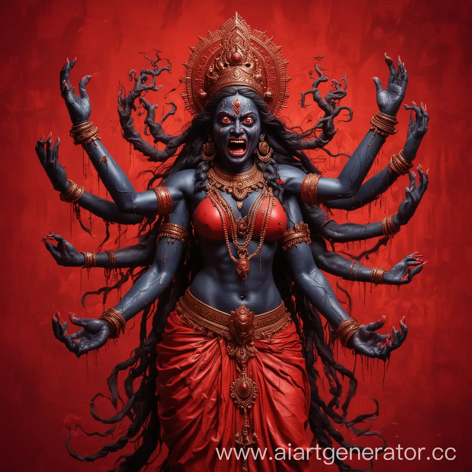 богиня кали с четырьмя руками и высунутым языком в безумии на красном фоне в стилизации
