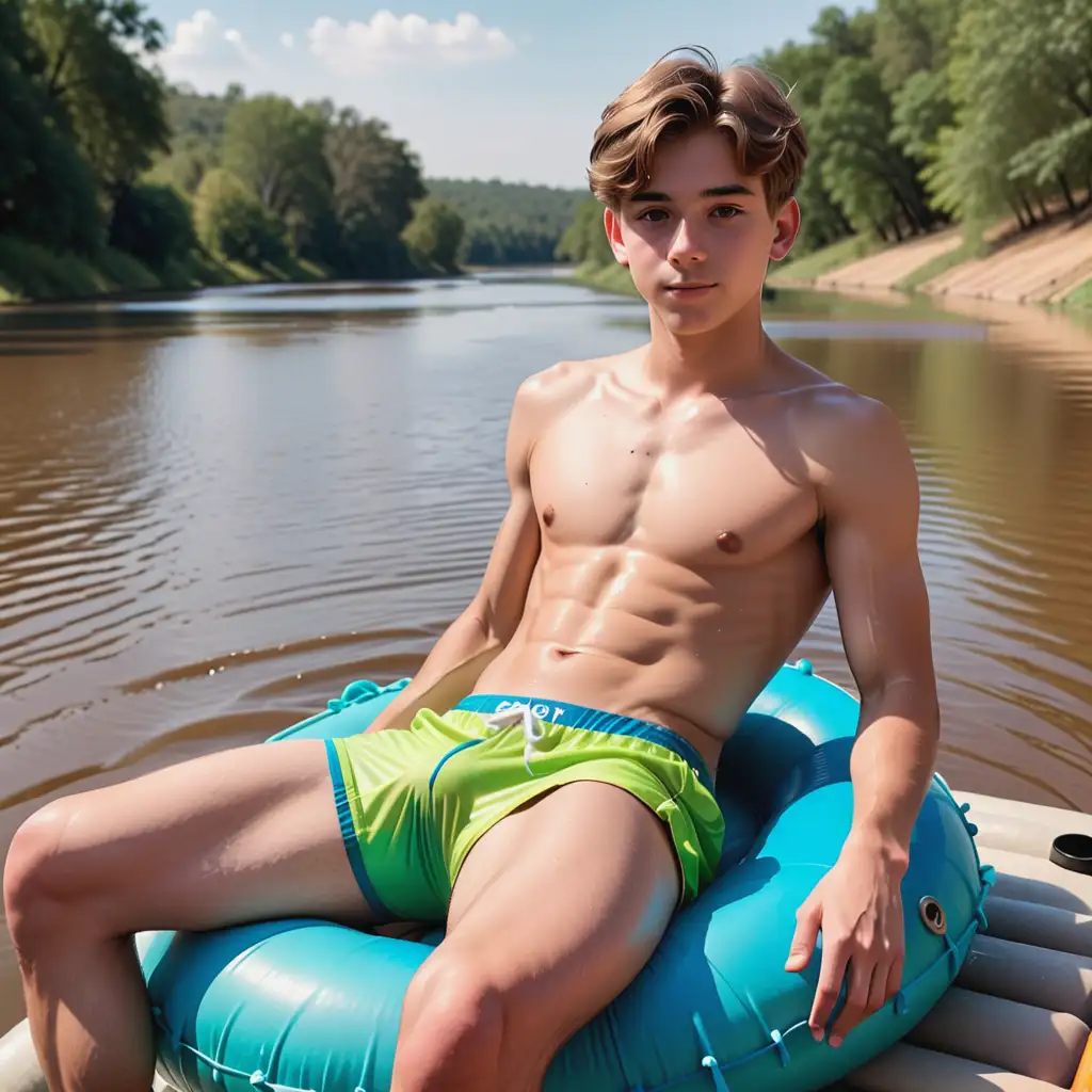 Teen Boy Rafting Down River in Colorful Thong Underwear
