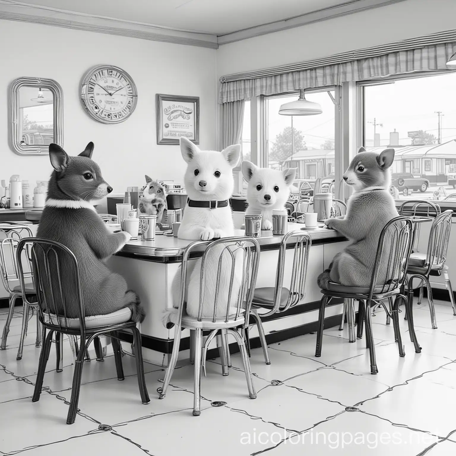 Cute animals in a 50s style diner, Coloring Page, black and white, line art, white background, Simplicity, Ample White Space. The background of the coloring page is plain white to make it easy for young children to color within the lines. The outlines of all the subjects are easy to distinguish, making it simple for kids to color without too much difficulty