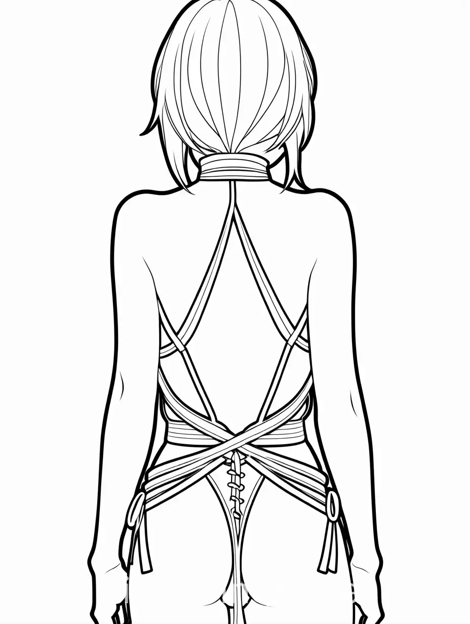 kinky bondage anime girl from behind, Coloring Page, black and white, line art, white background, Simplicity, Ample White Space. The background of the coloring page is plain white to make it easy for young children to color within the lines. The outlines of all the subjects are easy to distinguish, making it simple for kids to color without too much difficulty