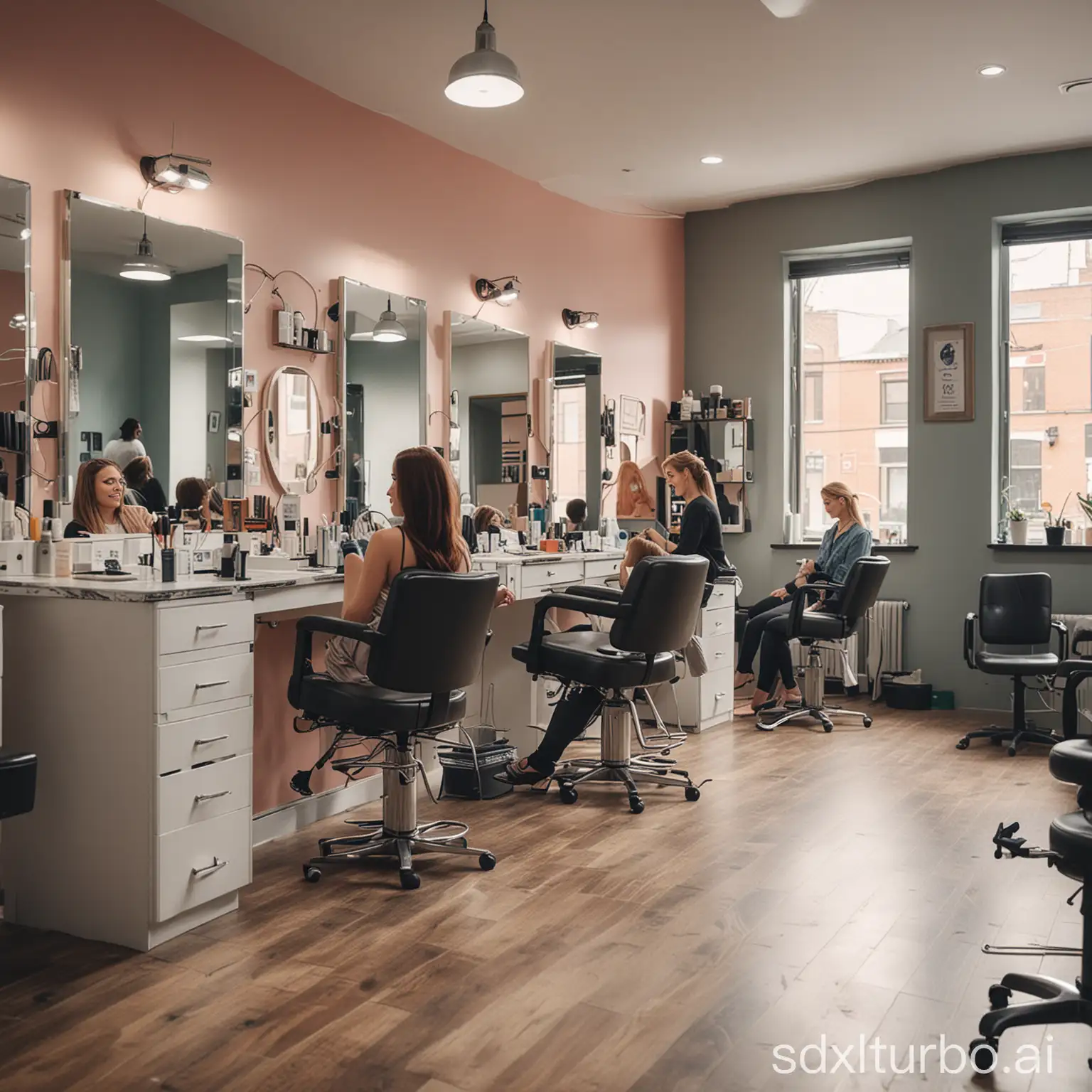 An illustrated image of a busy salon with people getting their hair done, nails painted, etc. The image should show the software being used in the background, with a focus on the features that would be most beneficial to a salon owner, such as the ability to manage bookings, resources, staffing, insights, and reporting tools.