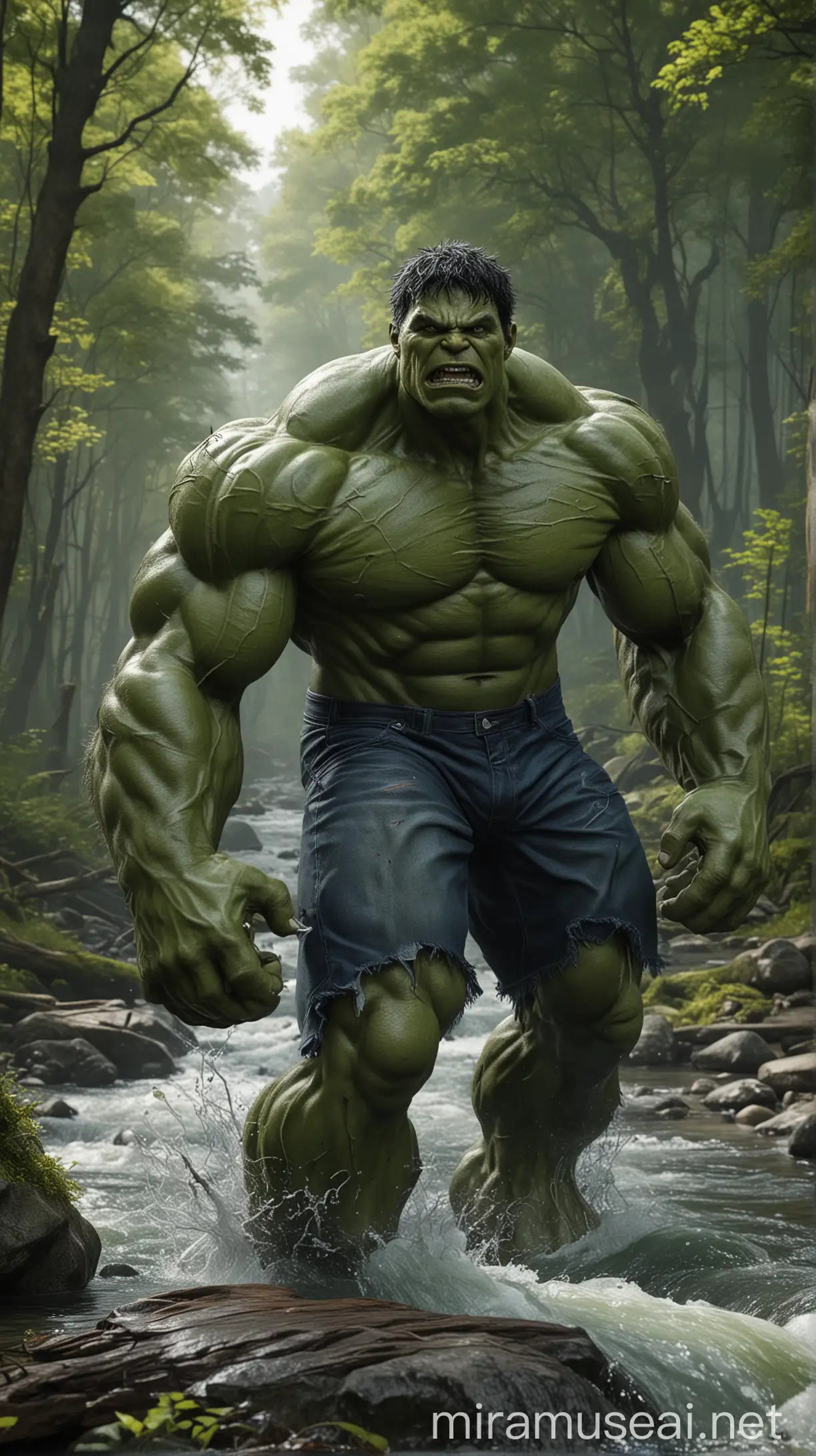 Hulk di hutan dan sungai (Marvel), setelan sangat detail, sangat detail, 16k, uhd.