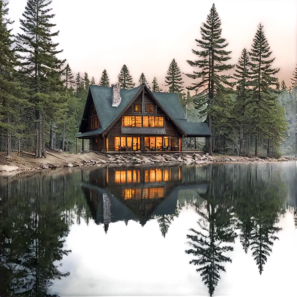 Serene-Lakeside-Cabin-PNG-Image-Sunset-Retreat-Among-Towering-Pines
