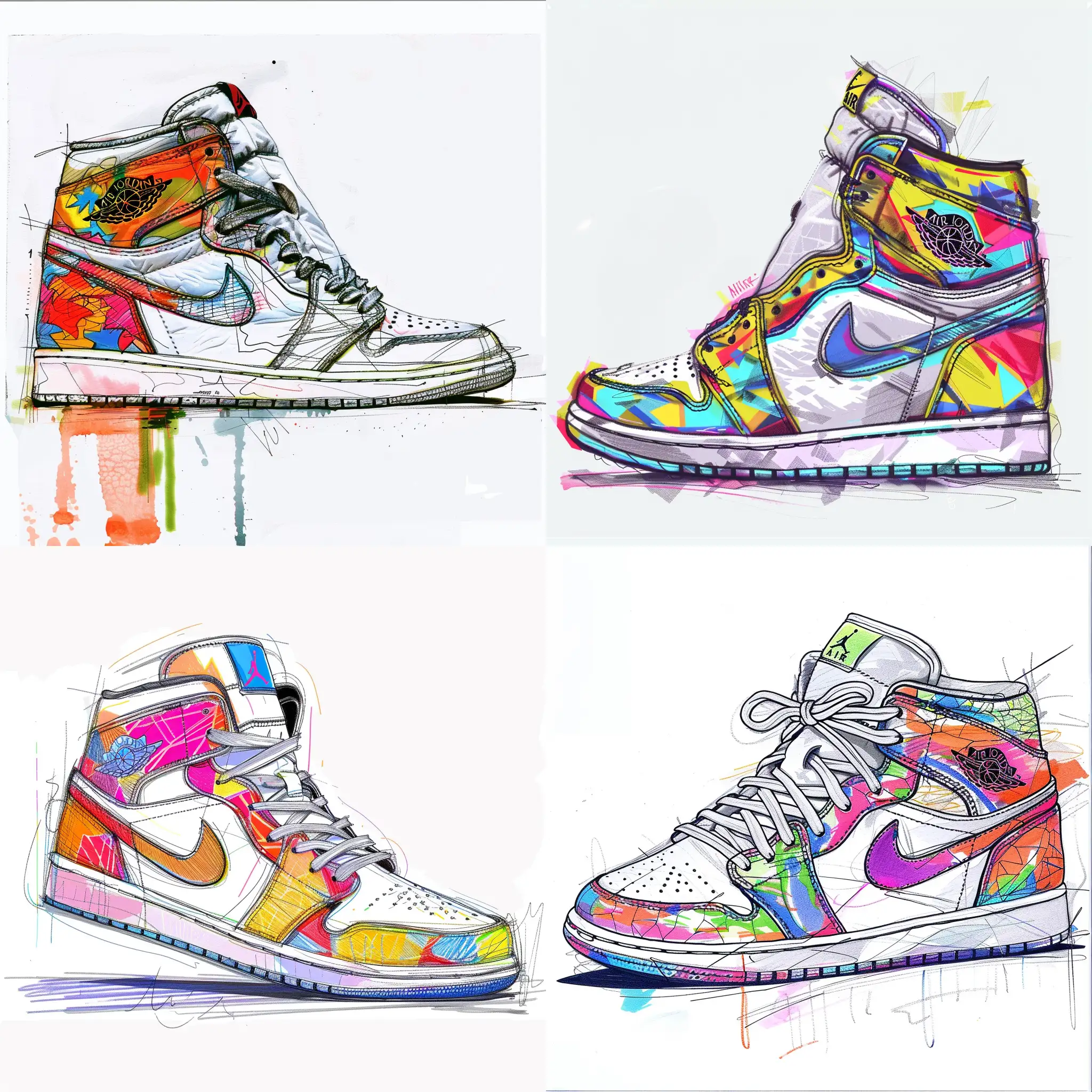 Abstract ,sneaker,jordan 1, 23, flower, limited color palette ,vivid,line sketch