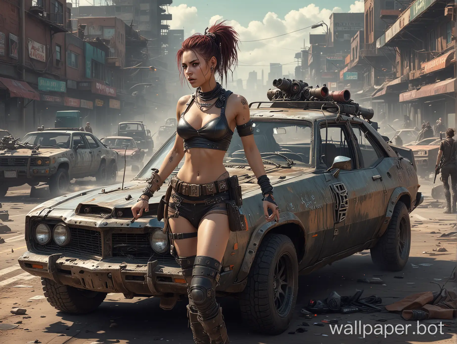 Cyber punk post-apocalypse road wars on cars warrior girl battle