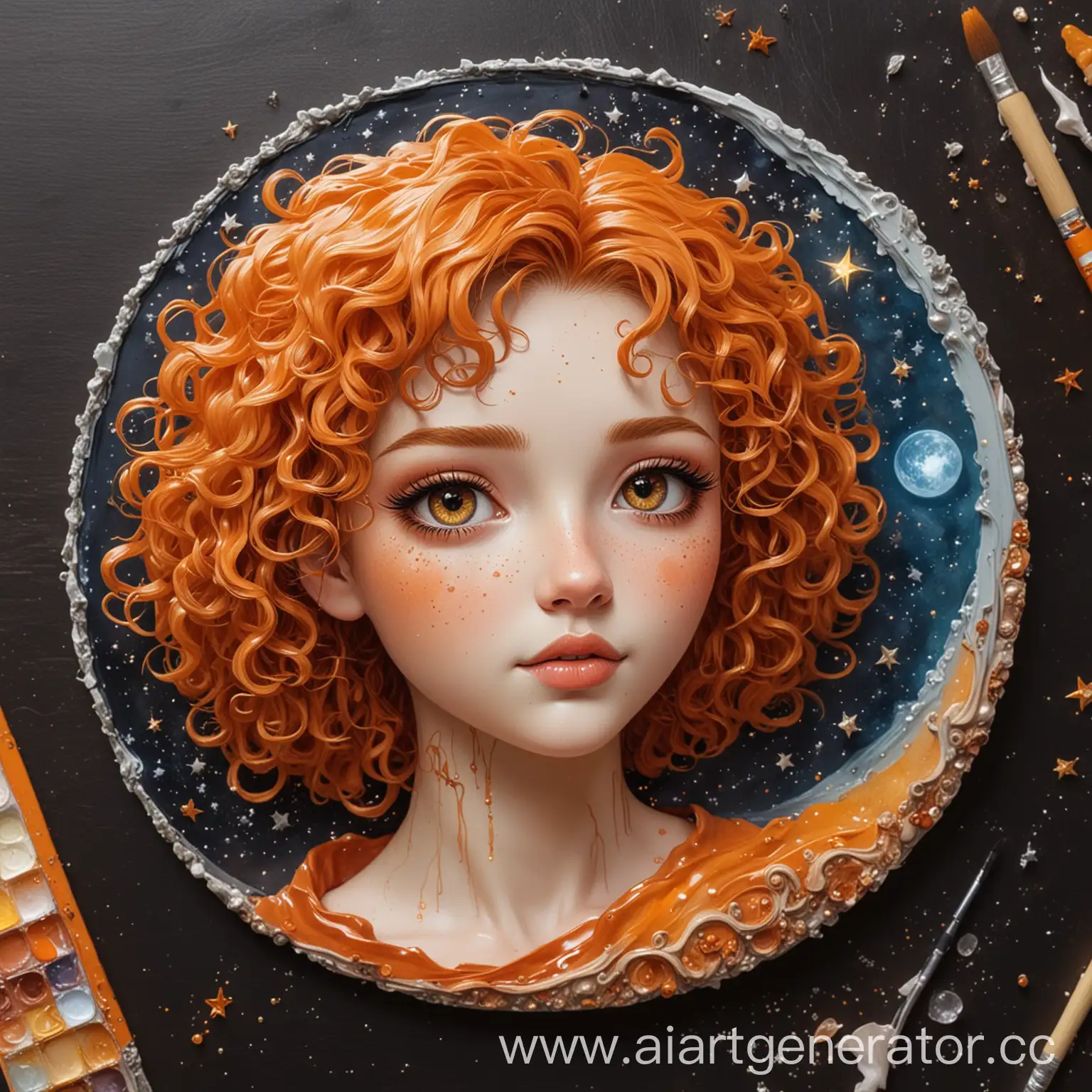 logo, hazel eye color, curly-haired woman with orange hair, along with a crystal moon, paints a picture with epoxy resin in a cartoon style