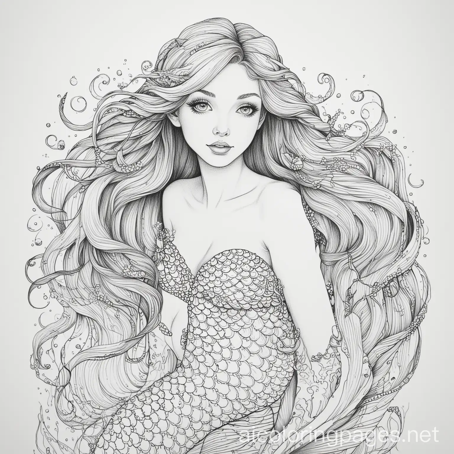 mermaid, Coloring Page, black and white, line art, white background, Simplicity, Ample White Space. The background of the coloring page is plain white to make it easy for young children to color within the lines. The outlines of all the subjects are easy to distinguish, making it simple for kids to color without too much difficulty