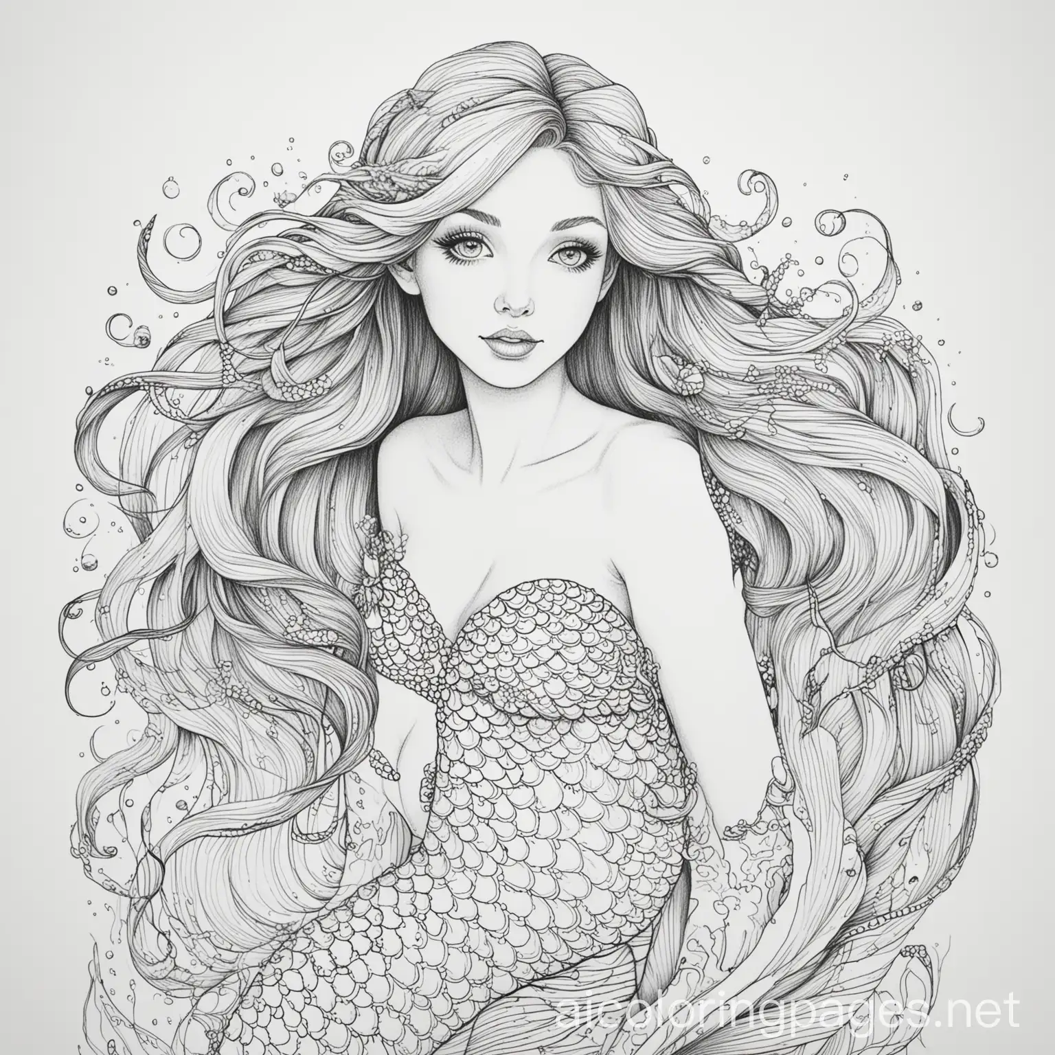 mermaid, Coloring Page, black and white, line art, white background, Simplicity, Ample White Space