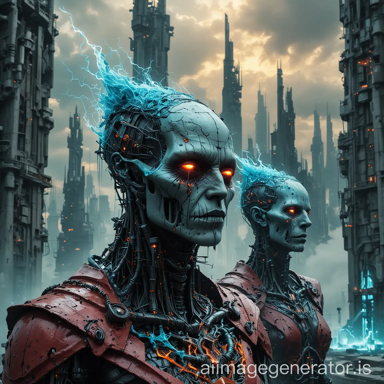 A surreal and highly detailed image featuring  super macro close-up necromancer,with distinct facial features shaped like trapezoids. One necromancer emits aqua-themed energy bolts, while the other emits neon-blue energy bolts. They stand in front of a futuristic cityscape, complete with towering concrete buildings and distillation petrochemical columns, with a palette dominated by red and acid yellow hues. The atmosphere is enhanced by a photo filter that displays black clouds