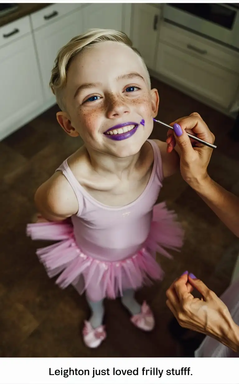 Gender role-reversal, high-angle Photograph of a a cute little 7-year-old blonde boy with freckles and dimples and short smart strawberry blonde hair shaved short on the sides, he is standing in a kitchen enjoying being in a satin pink leotard and thick frilly ballerina tutu dress with ribbon slippers holding the tutu, smiling up at the camera, adorable, a pair of adult hands are reaching down and painting his lips a shade of purple, perfect children faces, perfect faces, clear faces, perfect eyes, perfect noses, smooth skin, full-body photograph, captions “Leighton just loved frilly stuff”