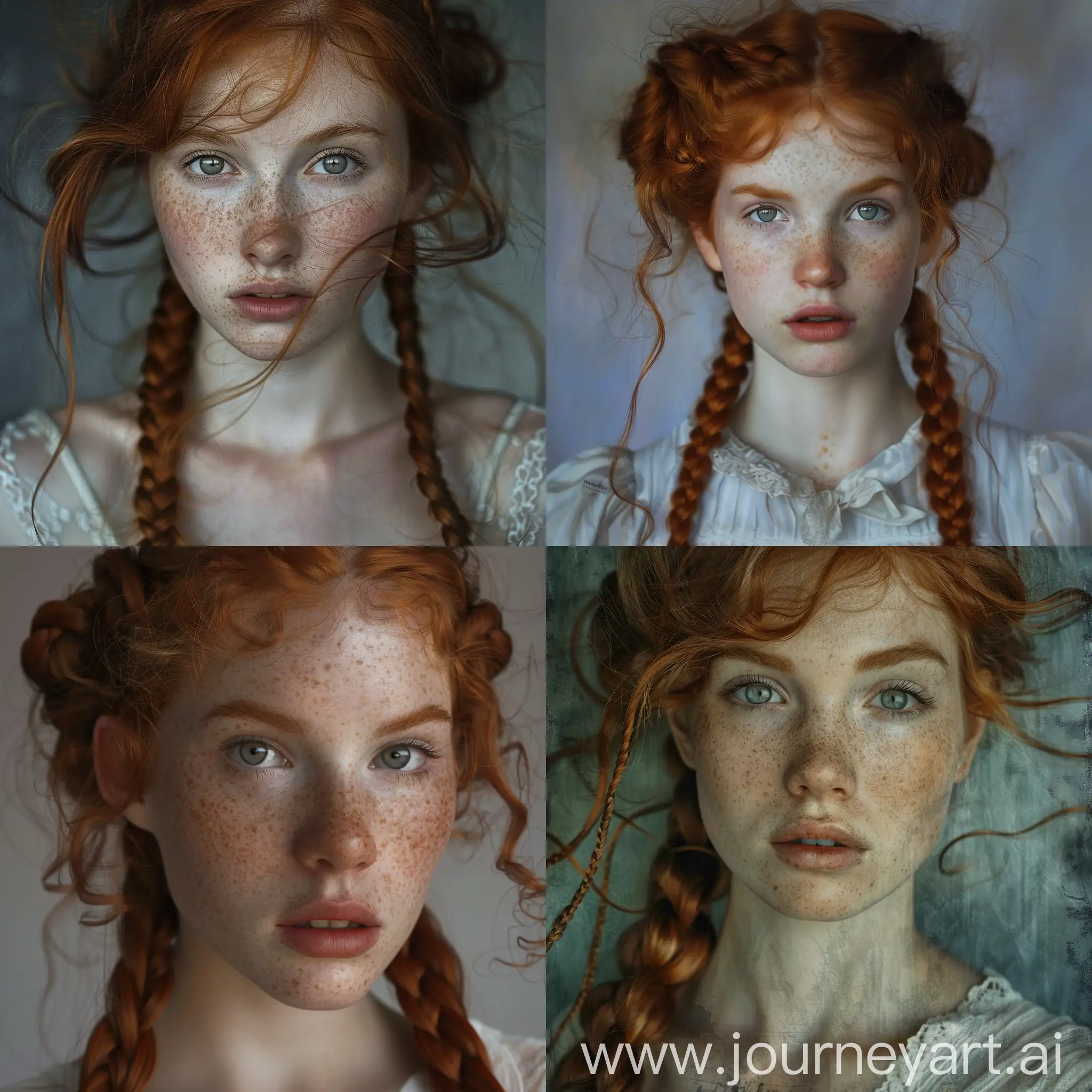 18 year old red haired woman with braids and she has pale skin, captivating portrait