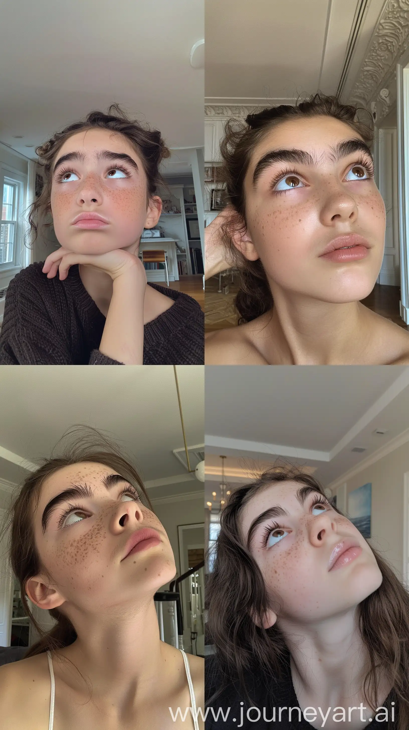 Aesthetic Instagram selfie of Haley Kalil's little sister, 15 years old, pretty, super model face, in fancy New York apartment, bushy thick eyebrows, wide set, looking up and away from camera, brown eyes, bored, throw face away in room --ar 9:16