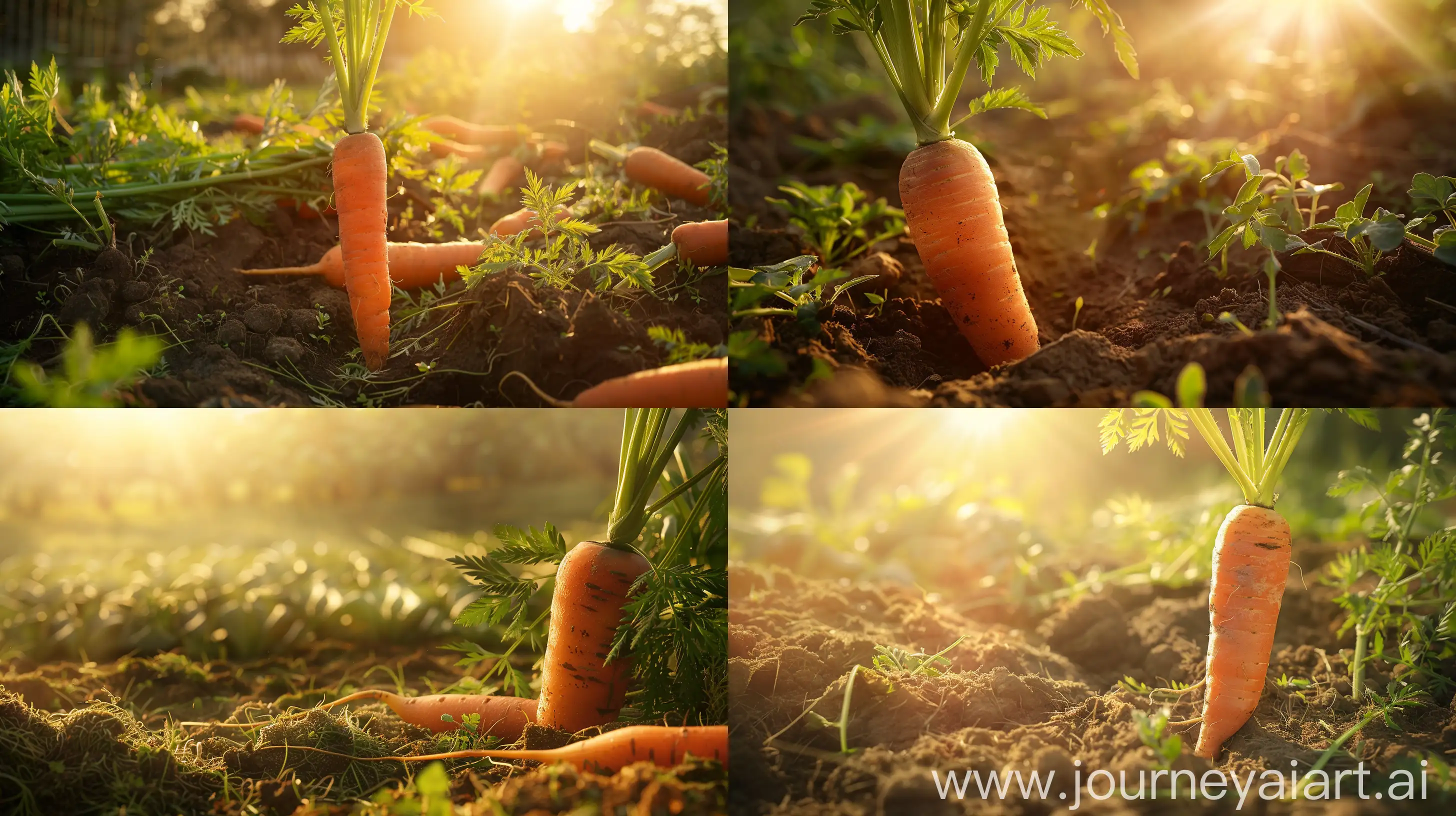 High detailed photo capturing a Carrot, Candysnax Hybrid. The sun, casting a warm, golden glow, bathes the scene in a serene ambiance, illuminating the intricate details of each element. The composition centers on a Carrot, Candysnax Hybrid. Sweet and crunchy as hard candy, this Imperator type carrot is straight and slender, with deep-orange roots up to 12 inches long and 1 inch wide. The hybrid vigor produces high quality roots with wonderful texture, crunchy and with excellent flavor. Harve. The image evokes a sense of tranquility and natural beauty, inviting viewers to immerse themselves in the splendor of the landscape. --ar 16:9 