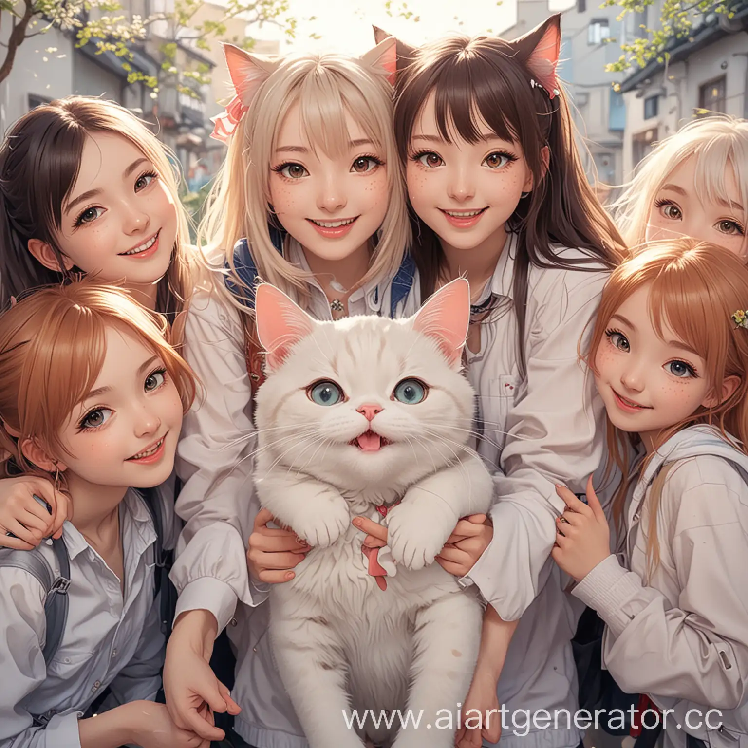 счастливый кот в стиле аниме окруженный девушками